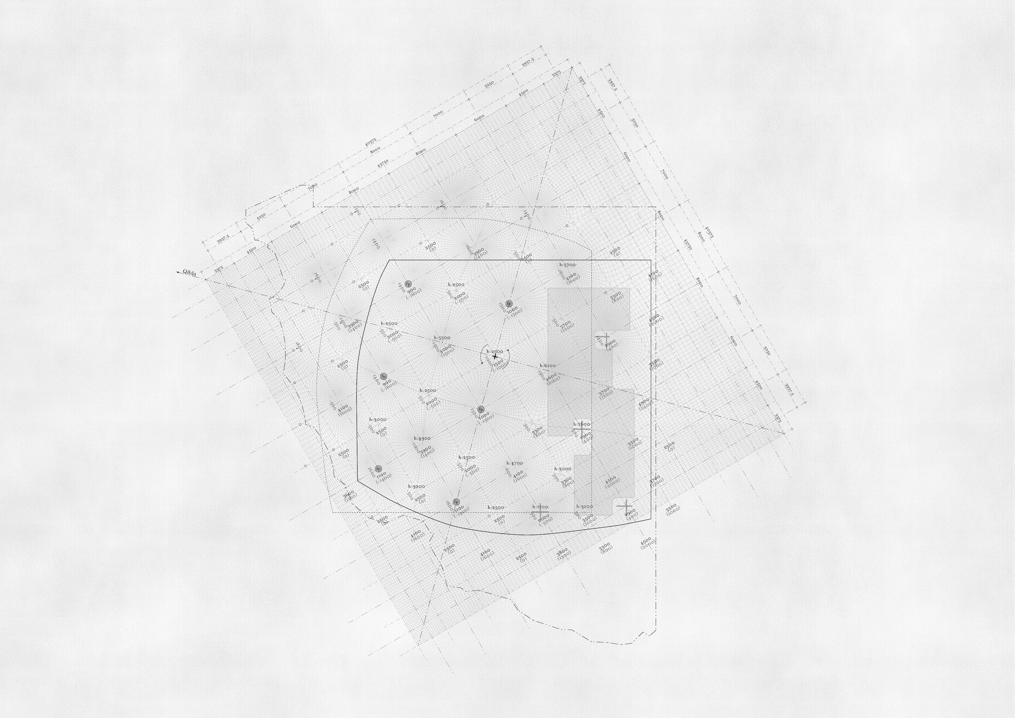 Site plan drawing showing a curved central space enclosed by a triangulated perimeter boundary