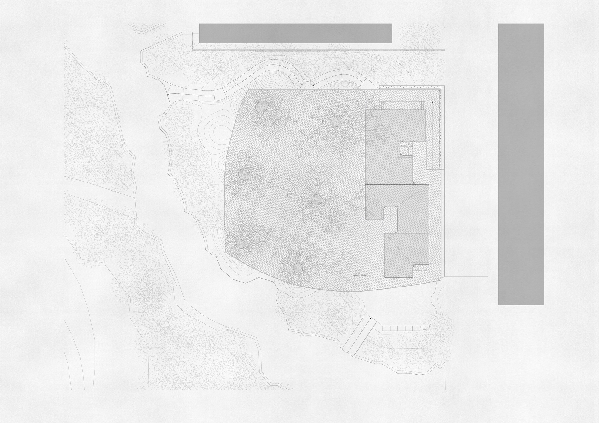 Site plan drawing showing a curved building footprint nestled among topographic contours and surrounding vegetation