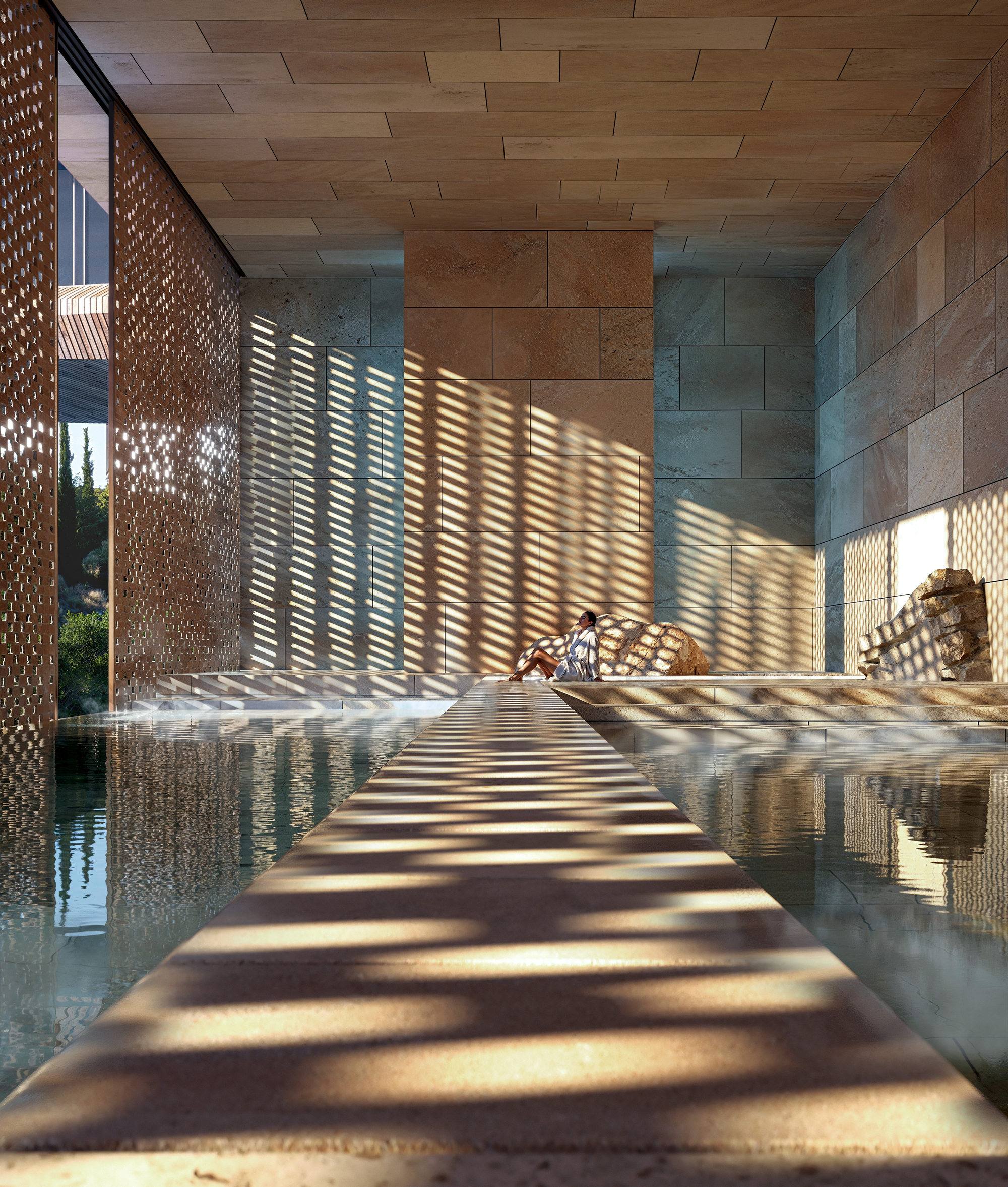 Covered walkway with perforated screens casting striped shadows across stone pavers and a reflecting pool