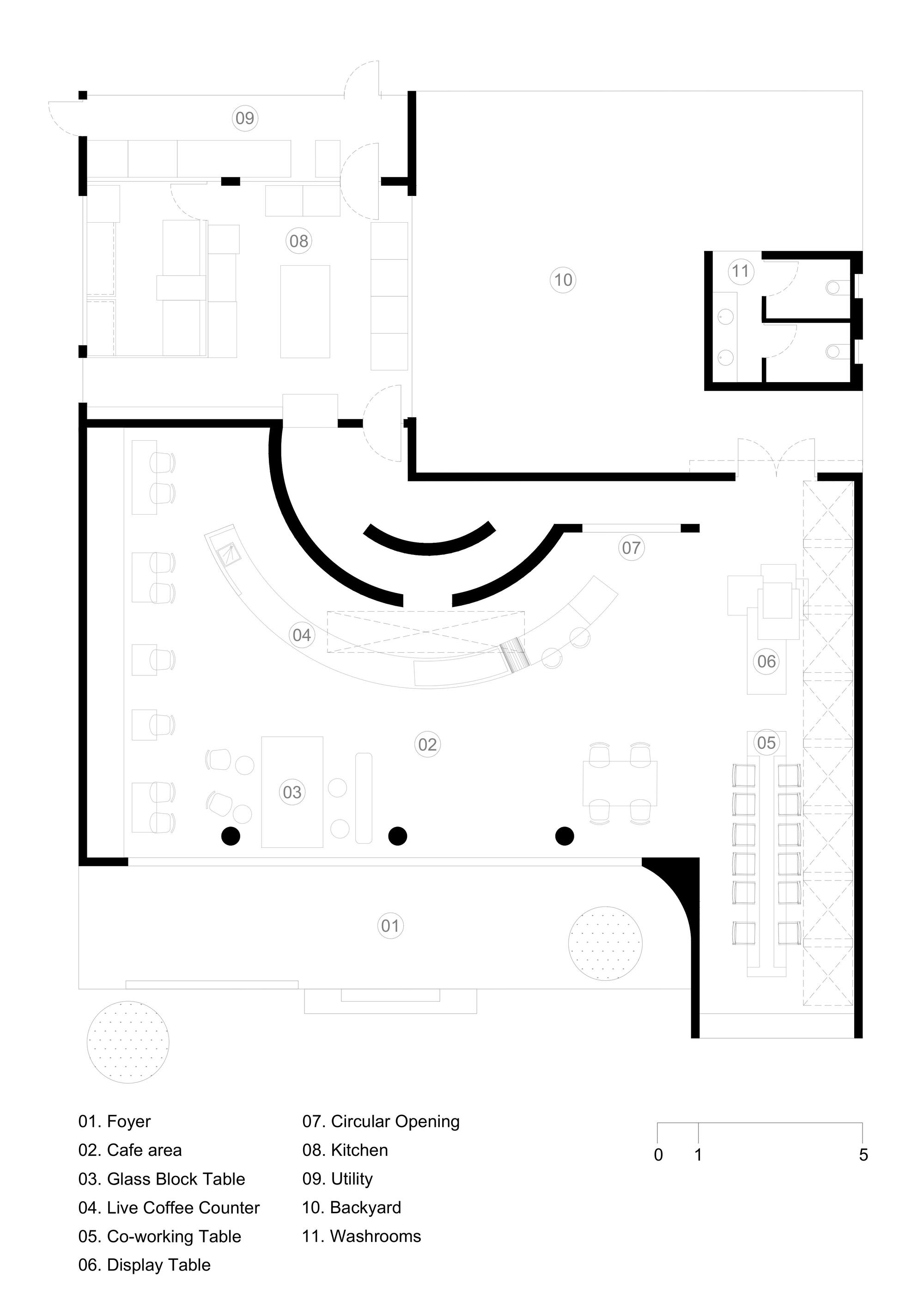 Floor plan showing cafe area with curved counter, co-working tables, and kitchen spaces