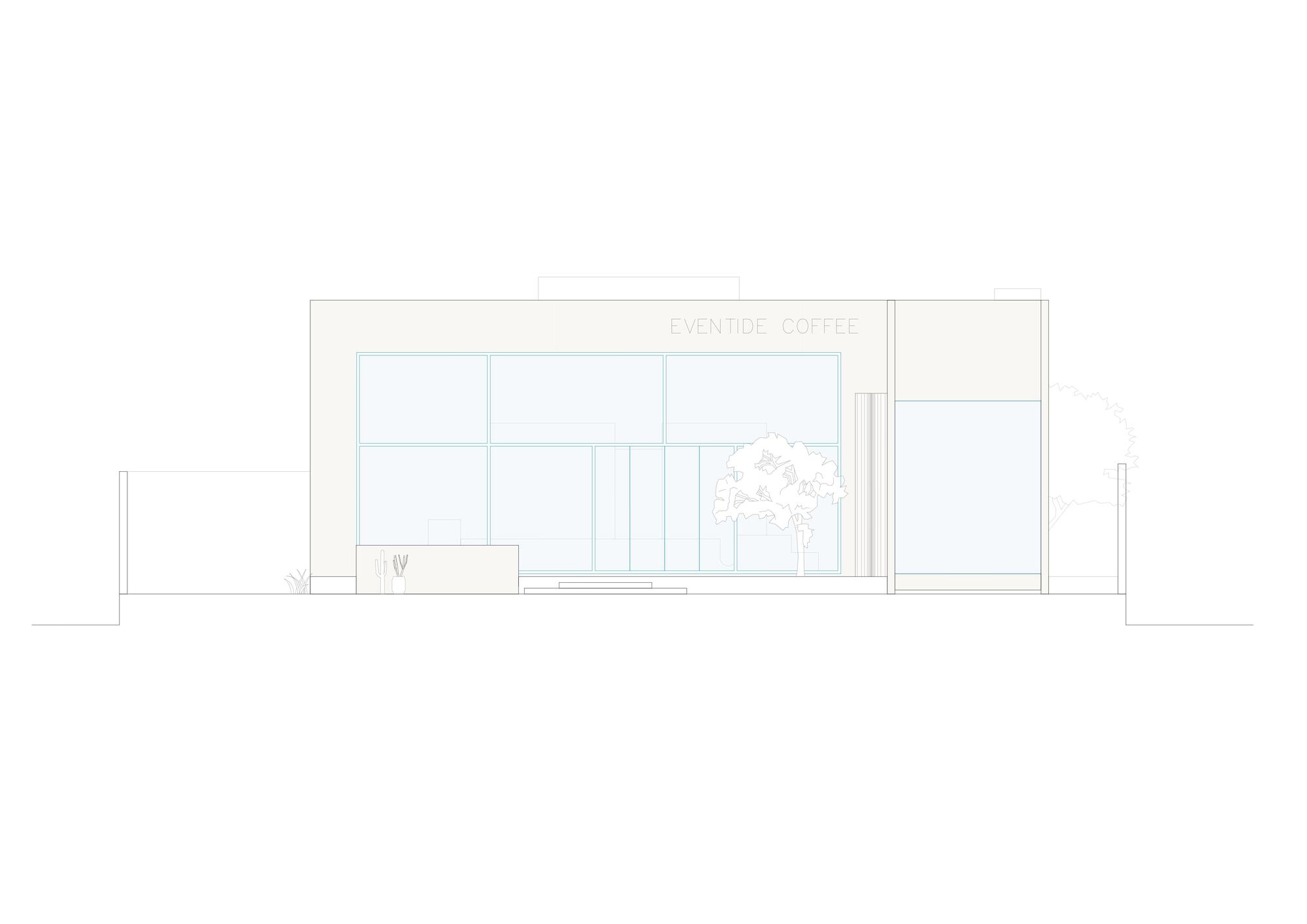 Elevation drawing depicting the glazed storefront with mullions and adjacent tree in courtyard