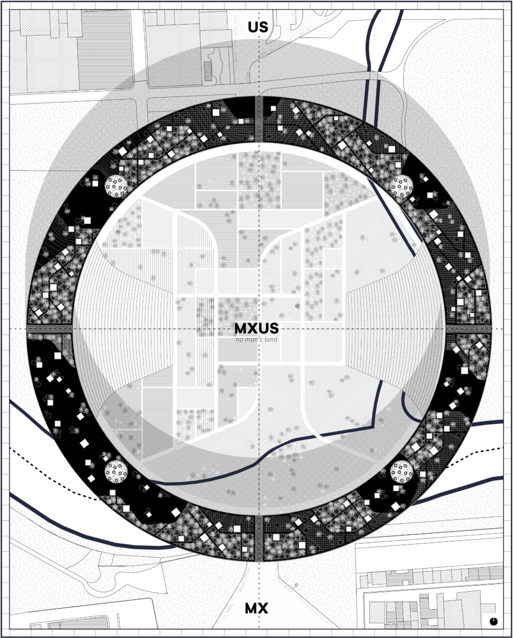 Circular border architecture redefining the US–Mexico edge as a shared “no man’s land” of interaction and controlled transition.