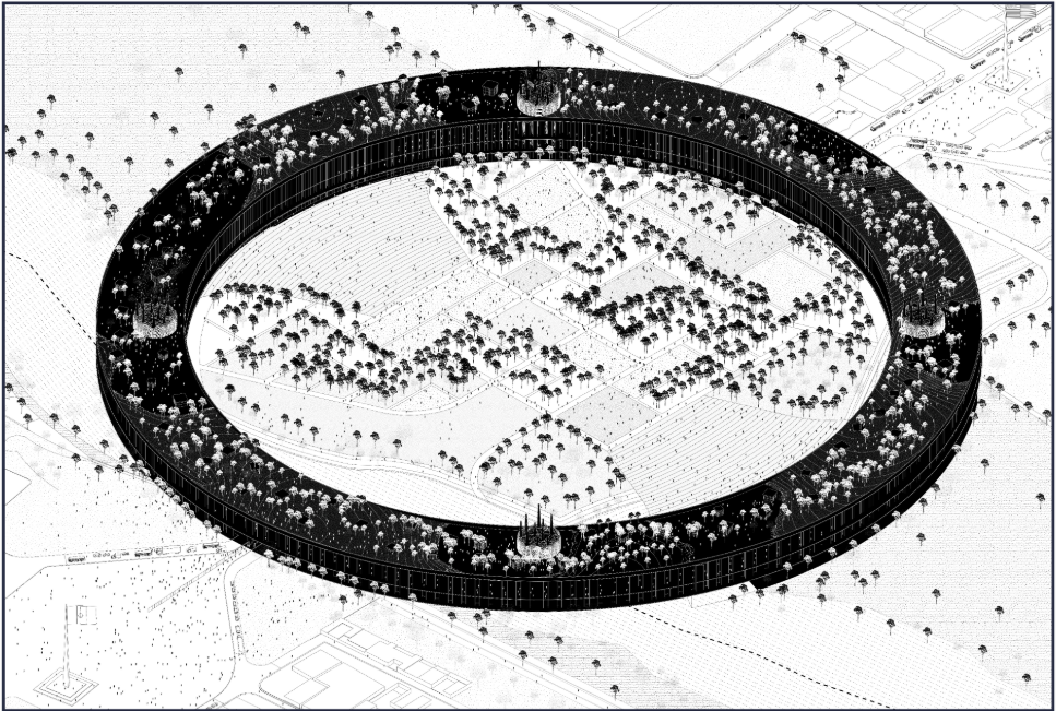 A monumental ring infrastructure mediates migration, enclosing a collective landscape that transforms division into spatial continuity.