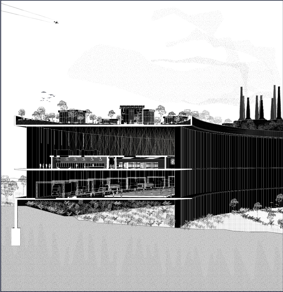 Layered strata reveal a vertical border system, from active transit zones to suspended spaces of waiting and reflection.