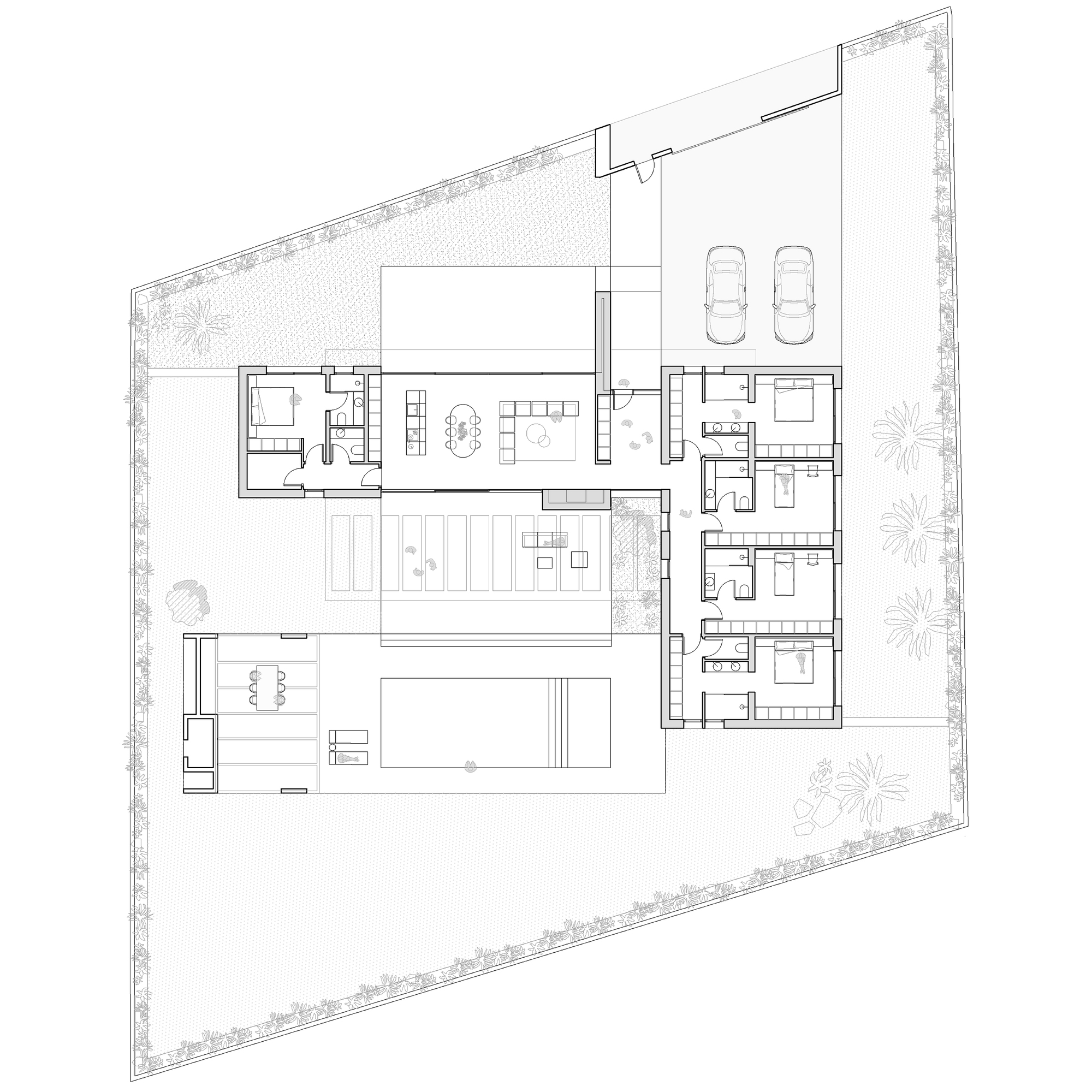 Floor plan drawing showing L-shaped residence with central pool courtyard and landscaped perimeter