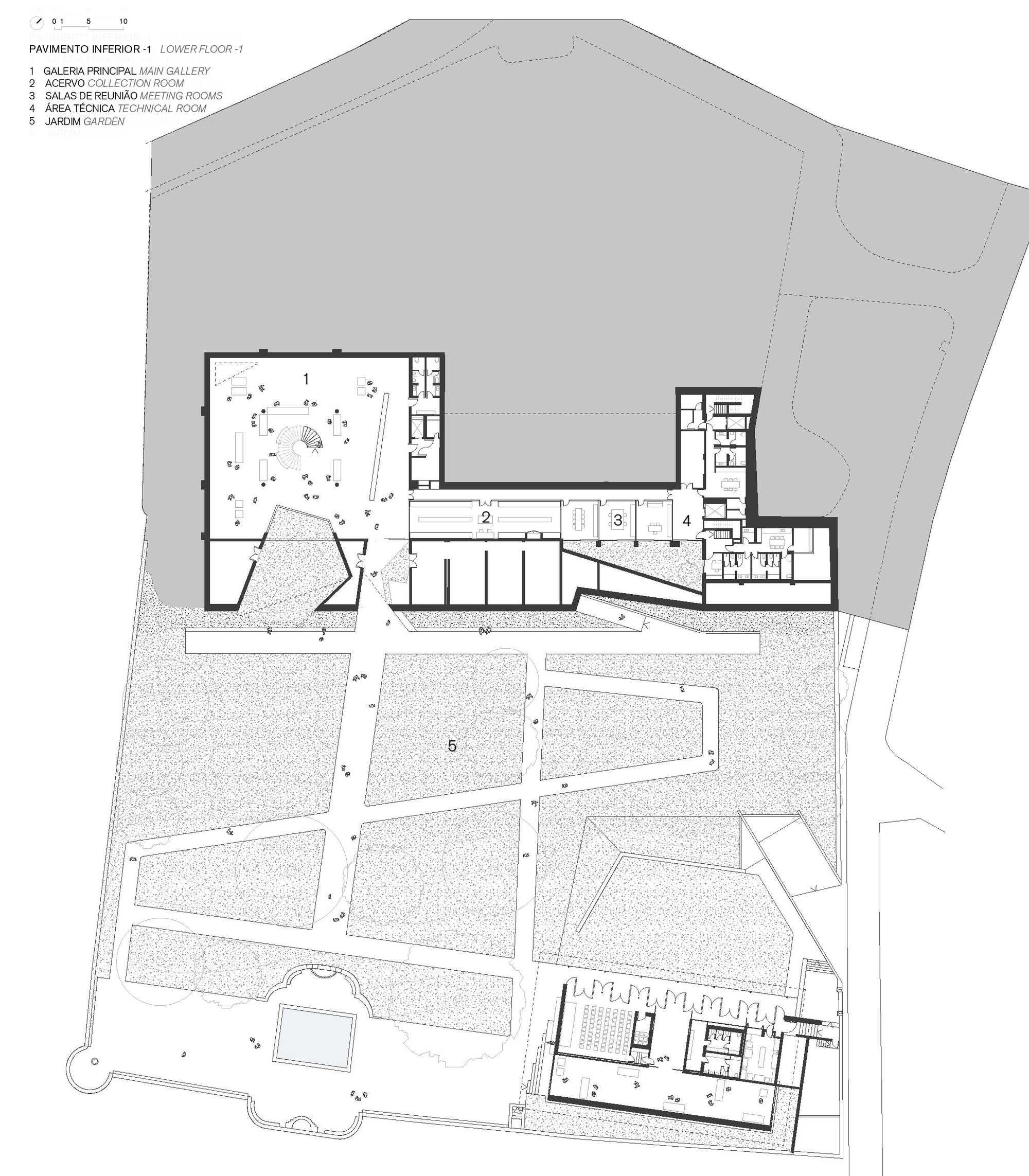 Lower floor plan drawing showing gallery spaces and meeting rooms arranged around landscaped courtyards