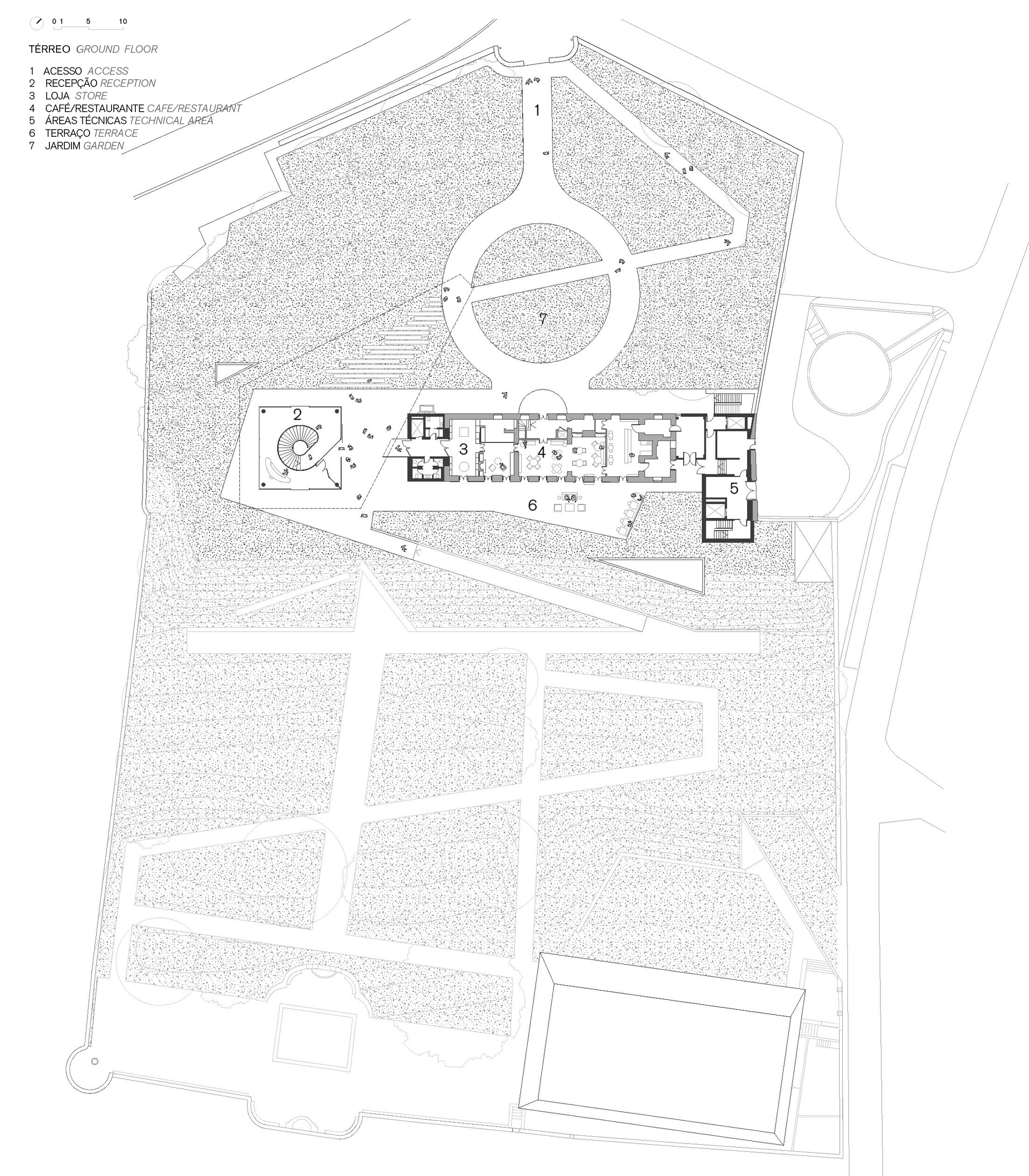 Ground floor plan drawing showing a linear building with circular elements and surrounding landscape texture