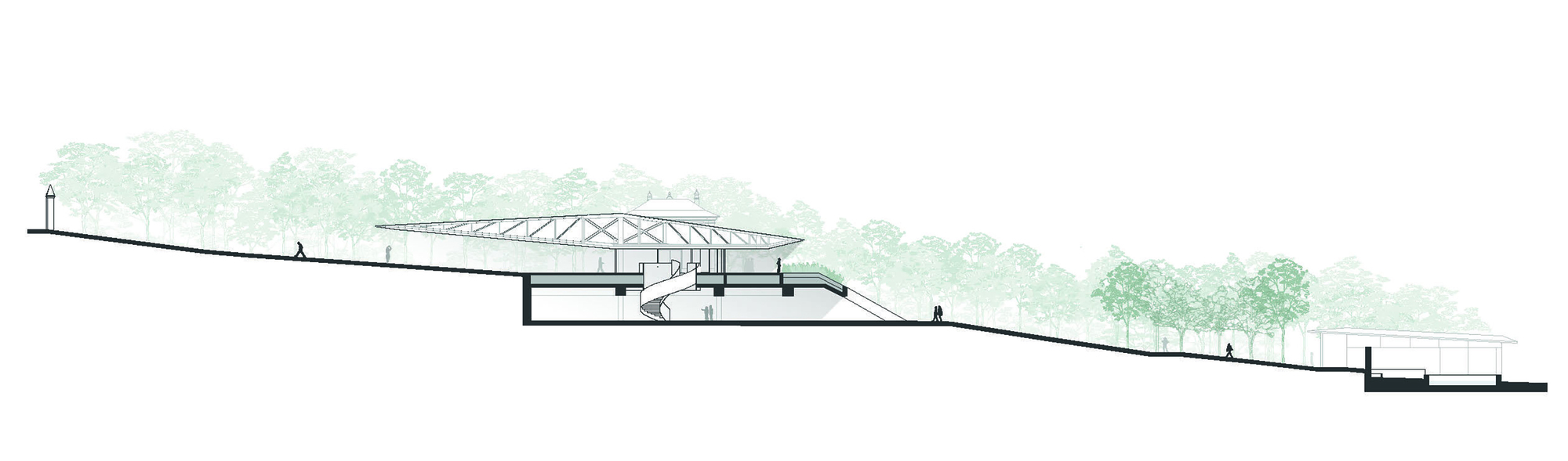 Section drawing revealing a partially subterranean structure with exposed roof trusses and flanking tree canopy