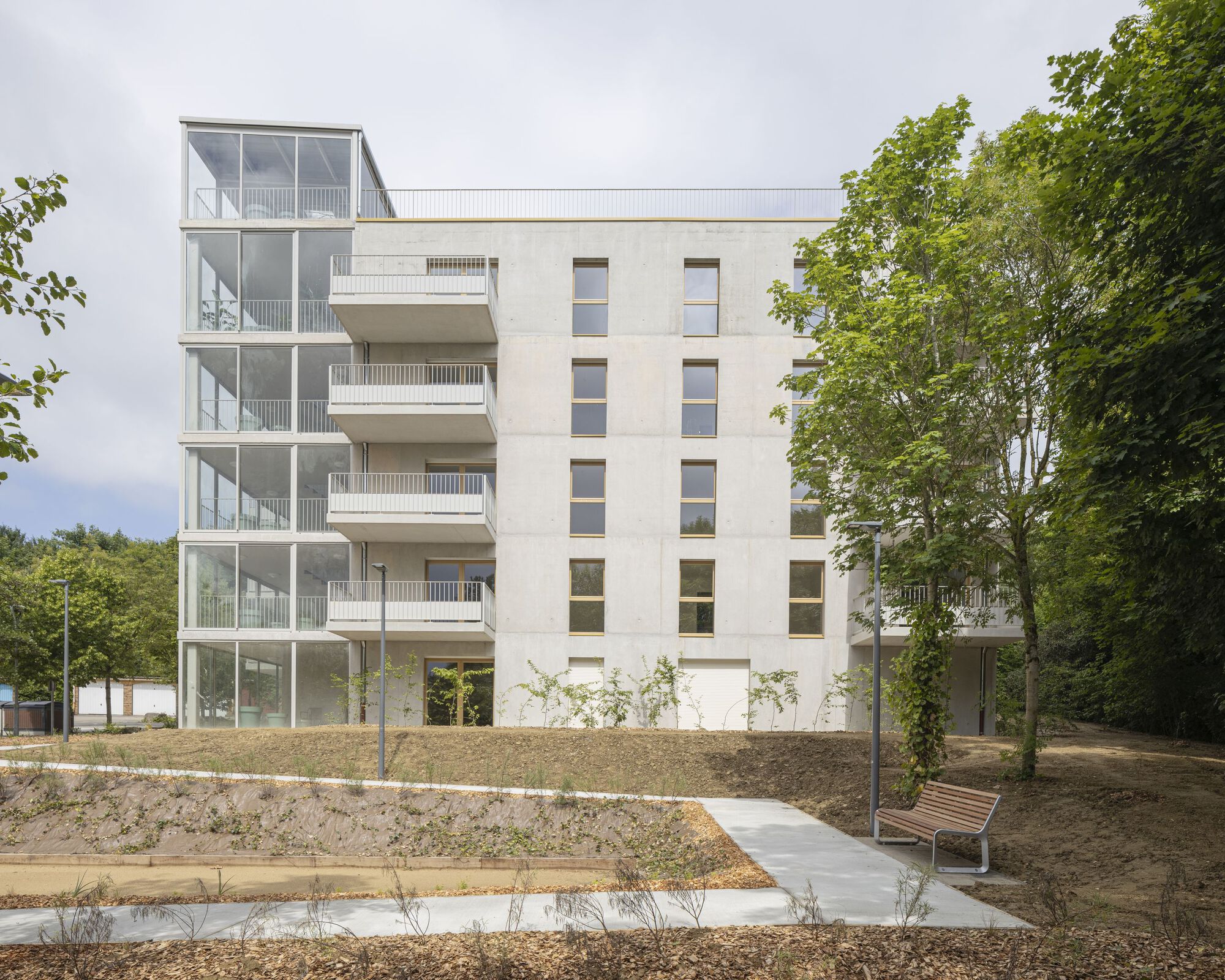 Multi-storey facade combining glazed balcony tower and rendered volume with punched windows beside newly planted landscape