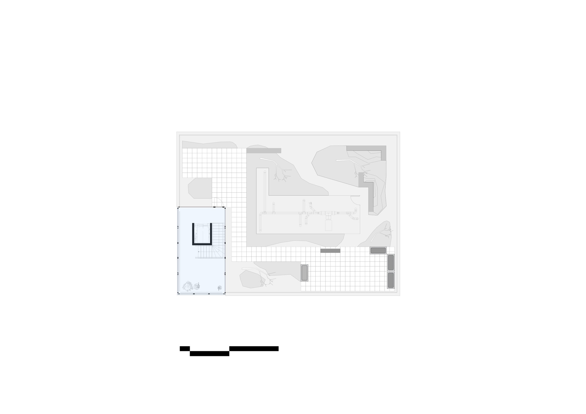 Floor plan drawing showing ground level with gridded exterior spaces and interior volumes