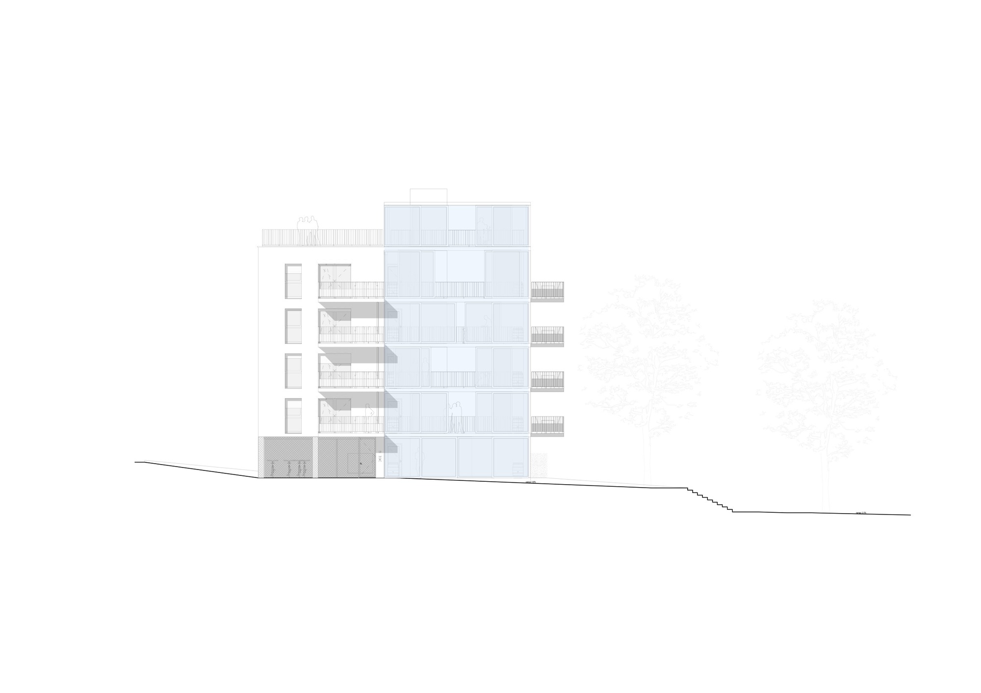 Elevation drawing showing a multi-story residential building with projecting balconies on sloping terrain