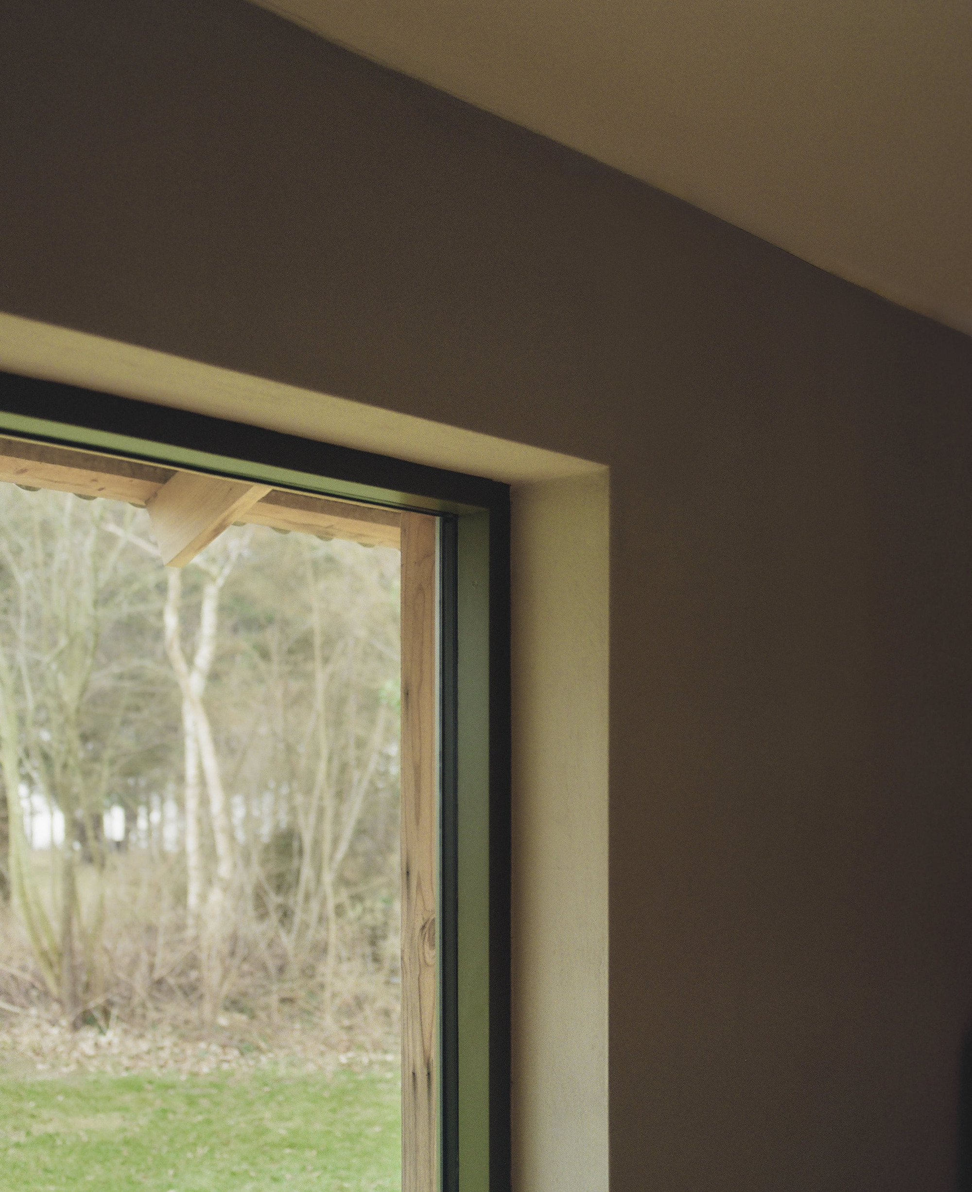Detail of timber window frame with exposed plywood lining and view to winter trees