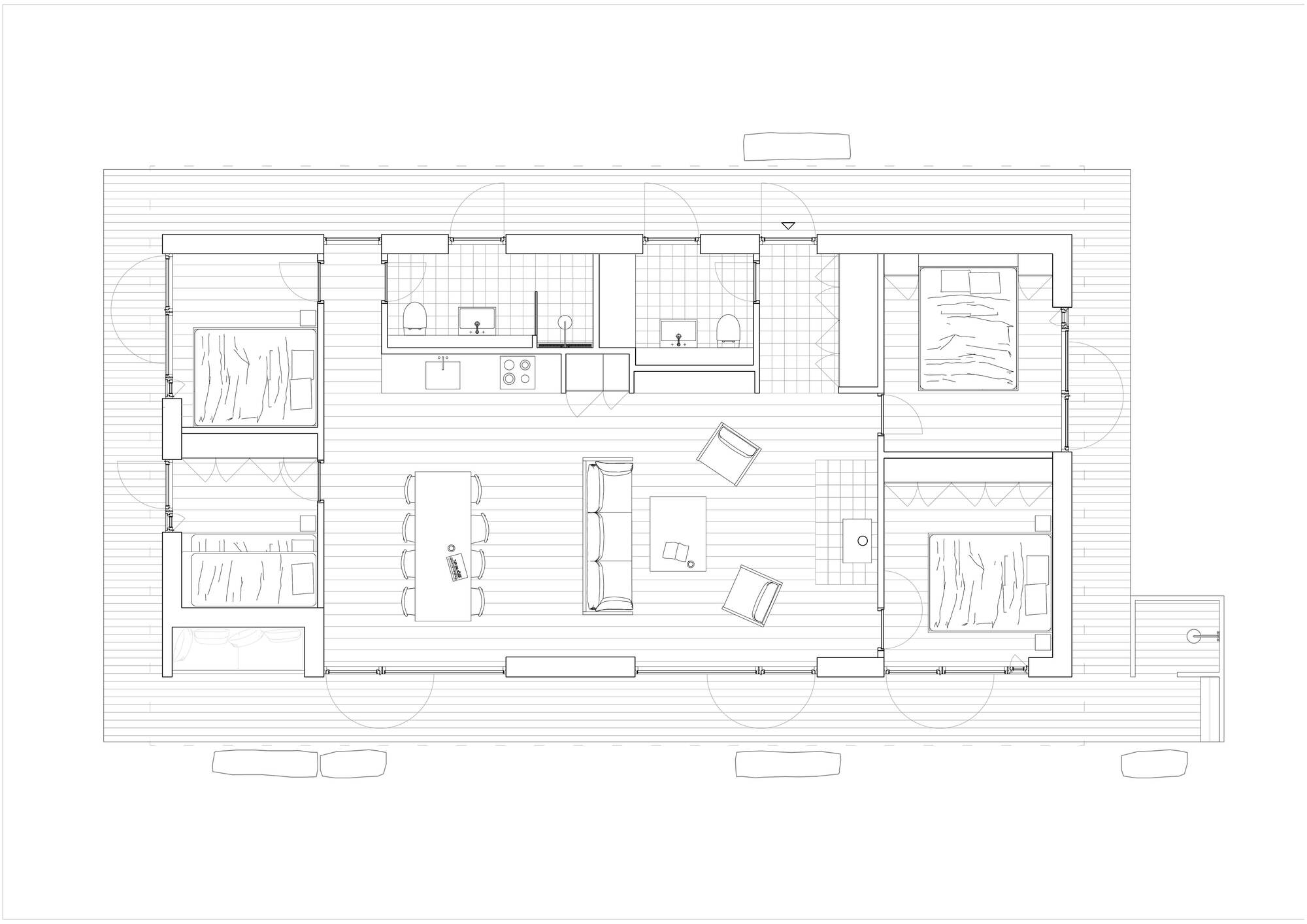 Floor plan drawing showing three bedrooms flanking a central living and kitchen area with exterior decks
