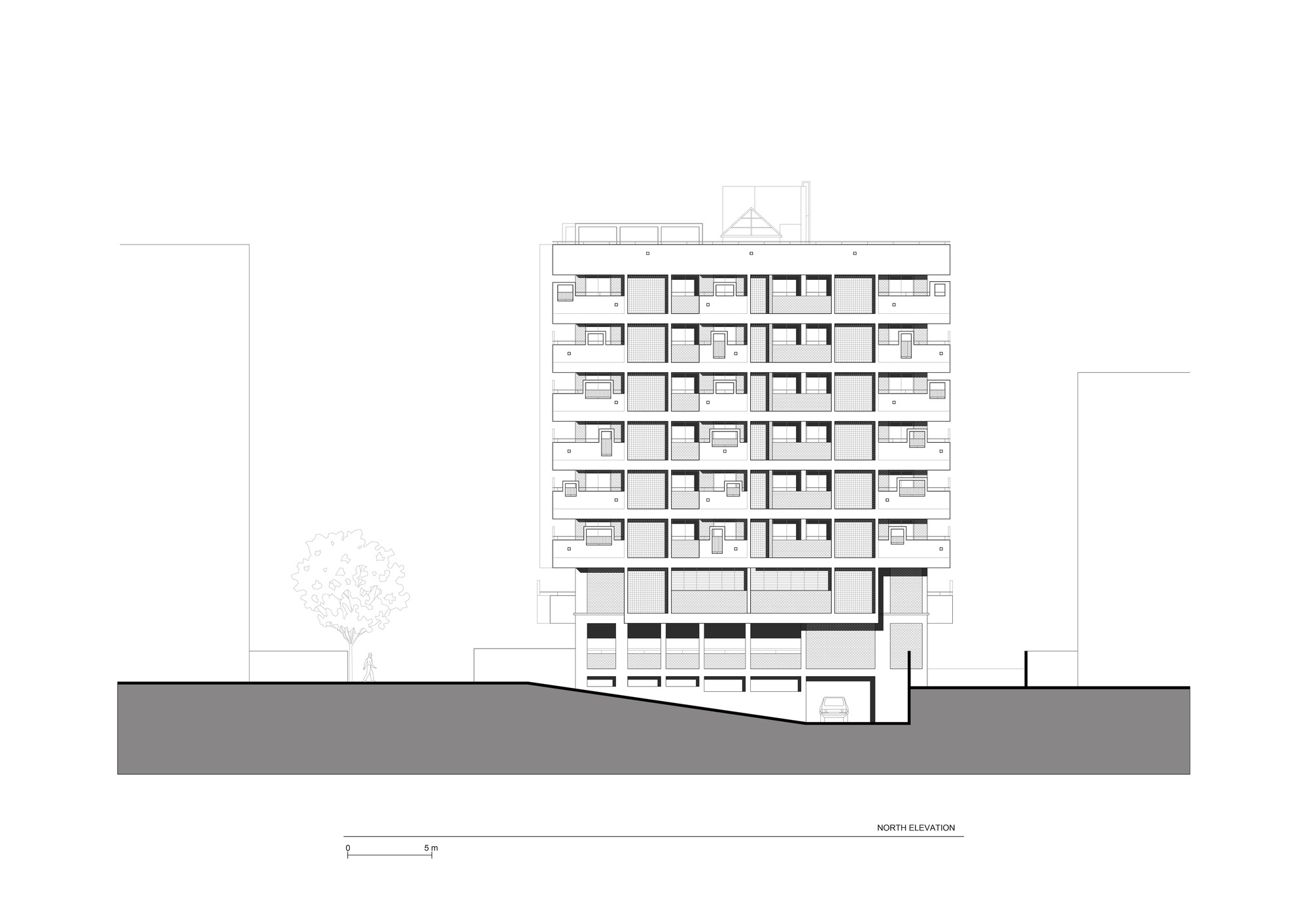 North elevation drawing of a multi-story residential building on sloping terrain with a single tree