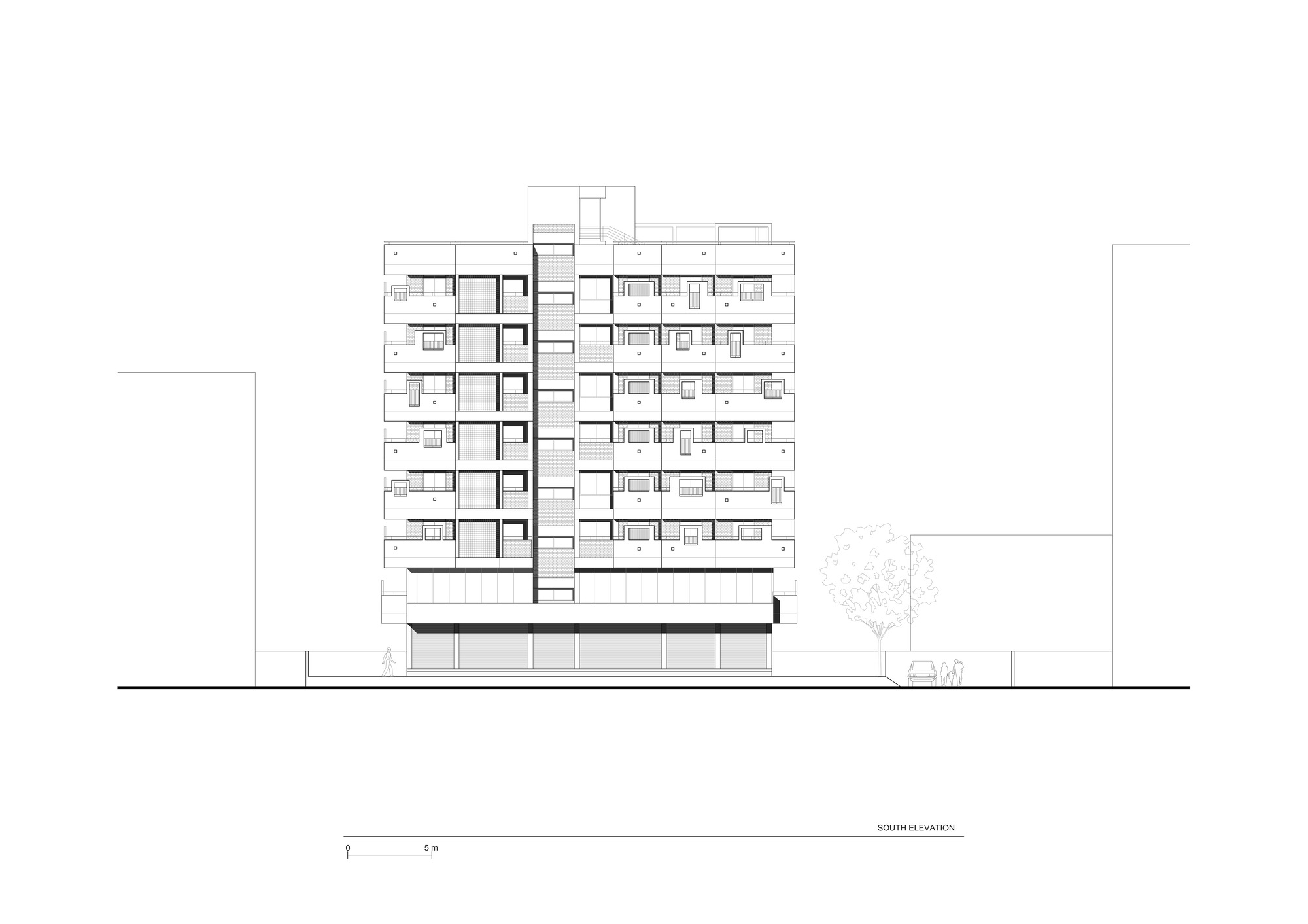 South elevation drawing of a multi-story residential building with offset massing and a single tree