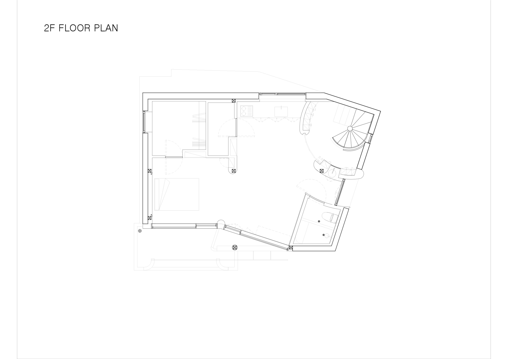 Floor plan drawing showing second level with spiral stair and kitchen at angled corner
