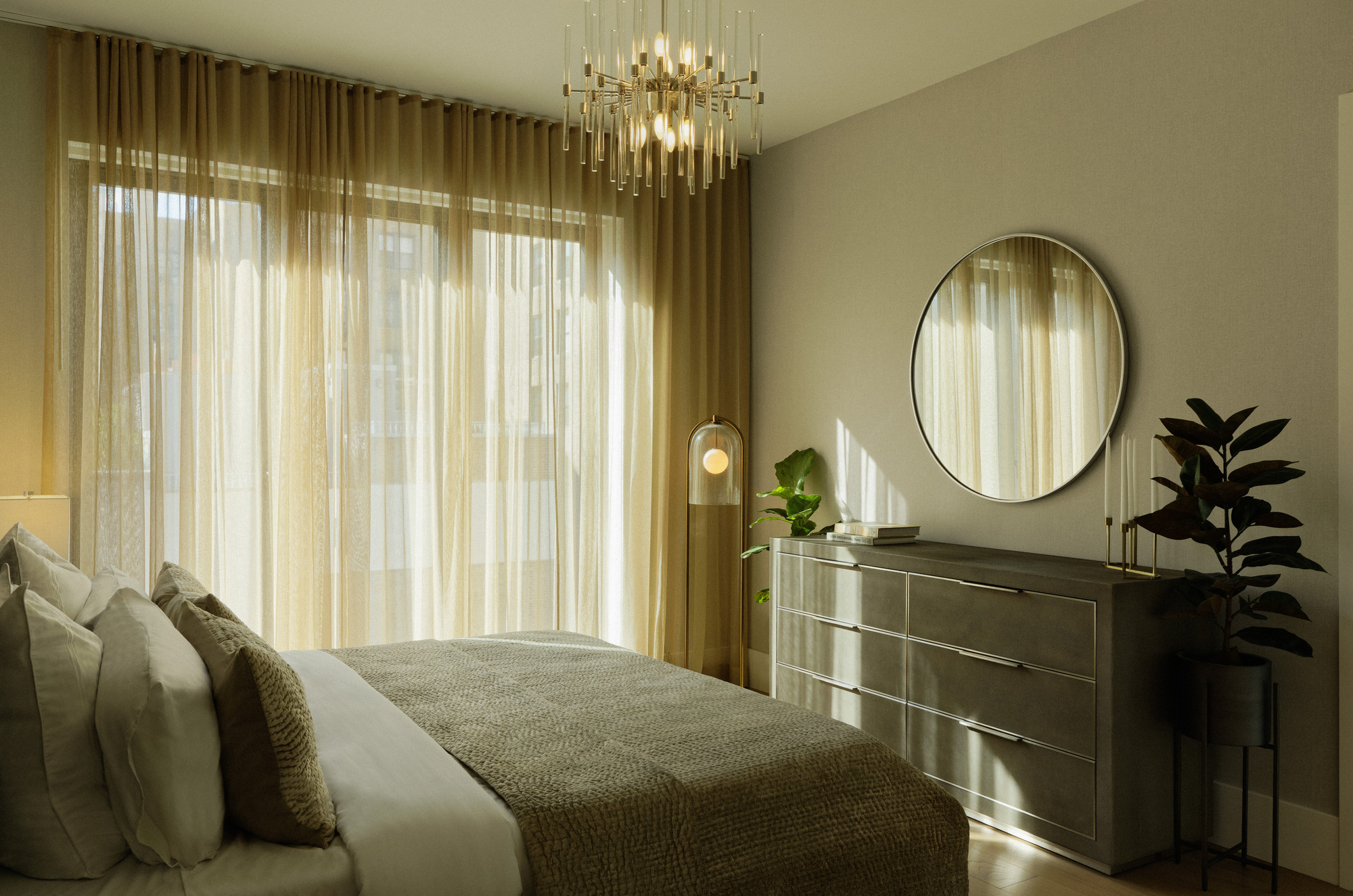 Bedroom with layered curtains filtering afternoon sunlight across the bed and dresser
