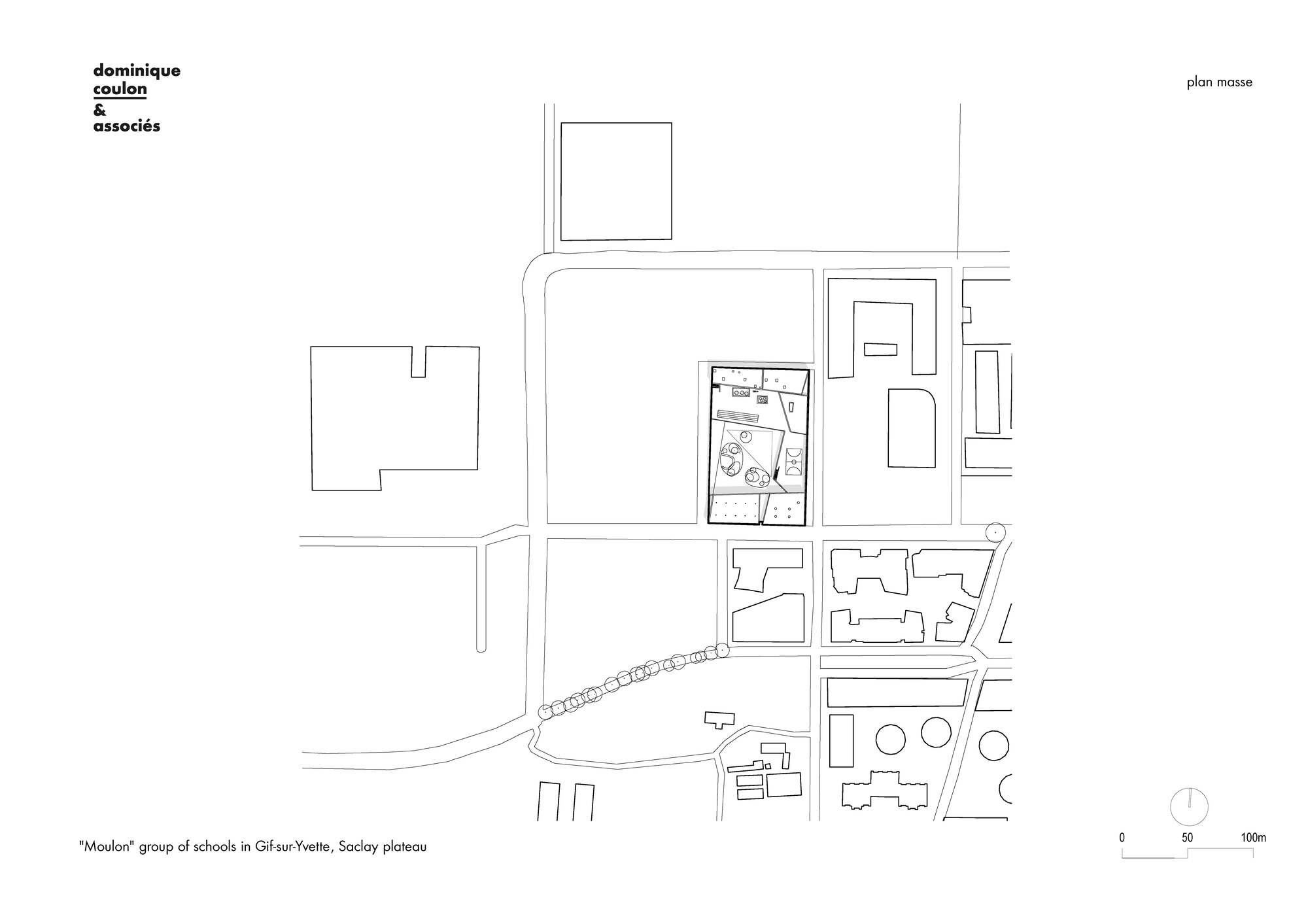 Site plan drawing showing the school complex within the surrounding urban blocks and curved roadways