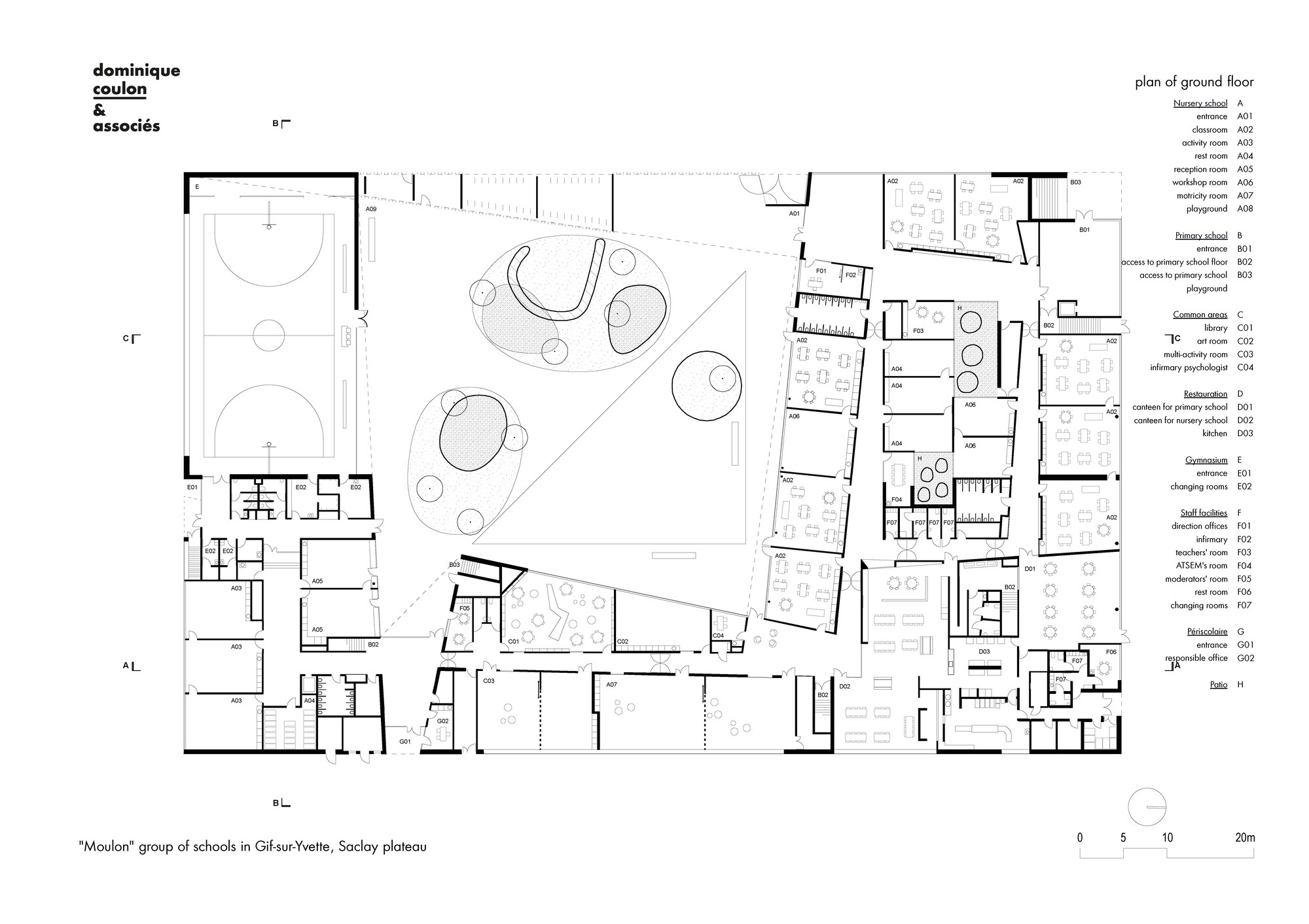 Ground floor plan drawing showing curved courtyard spaces and classroom blocks arranged around central playground