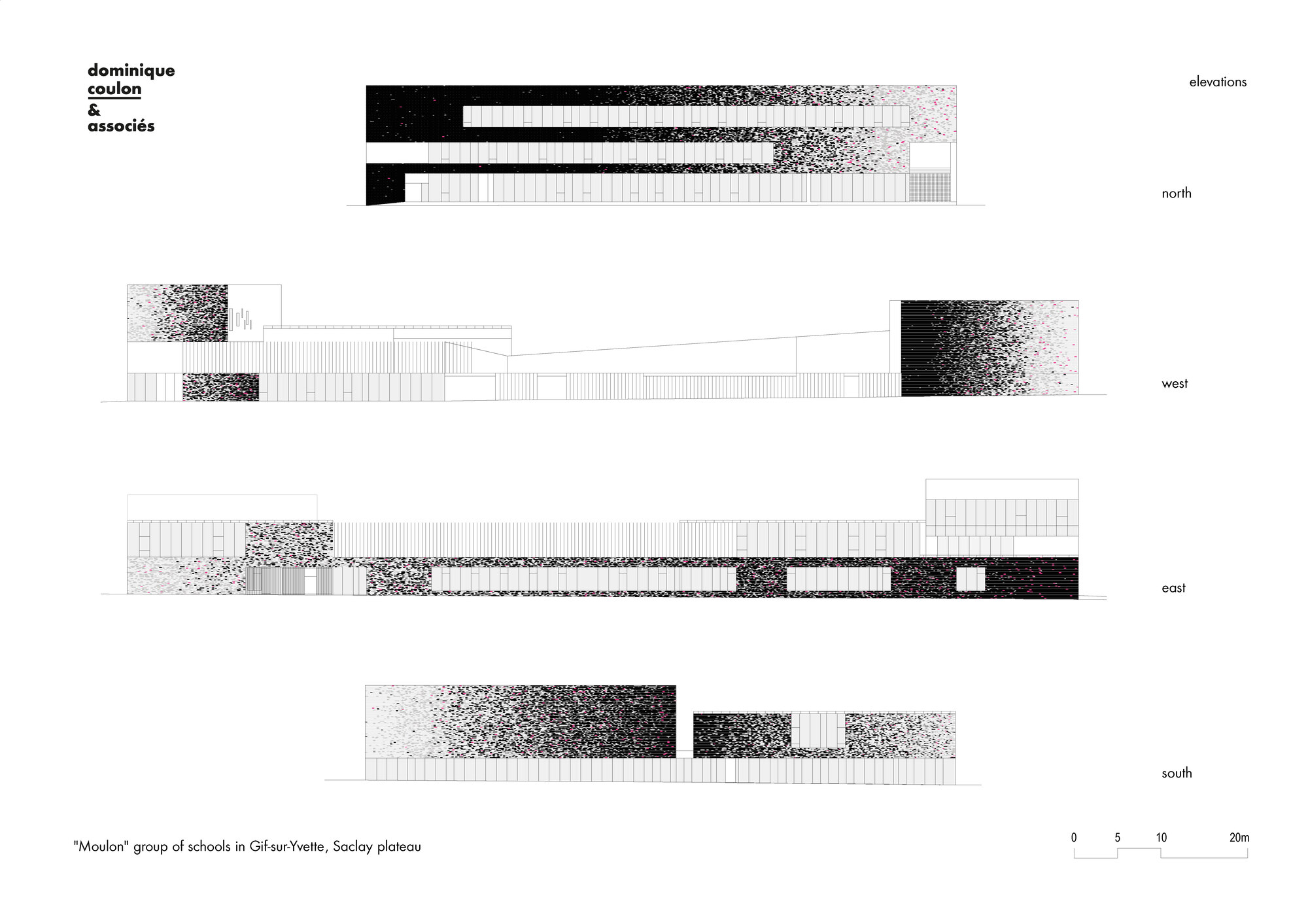 Elevation drawings showing the four facades with alternating black and white textured panels