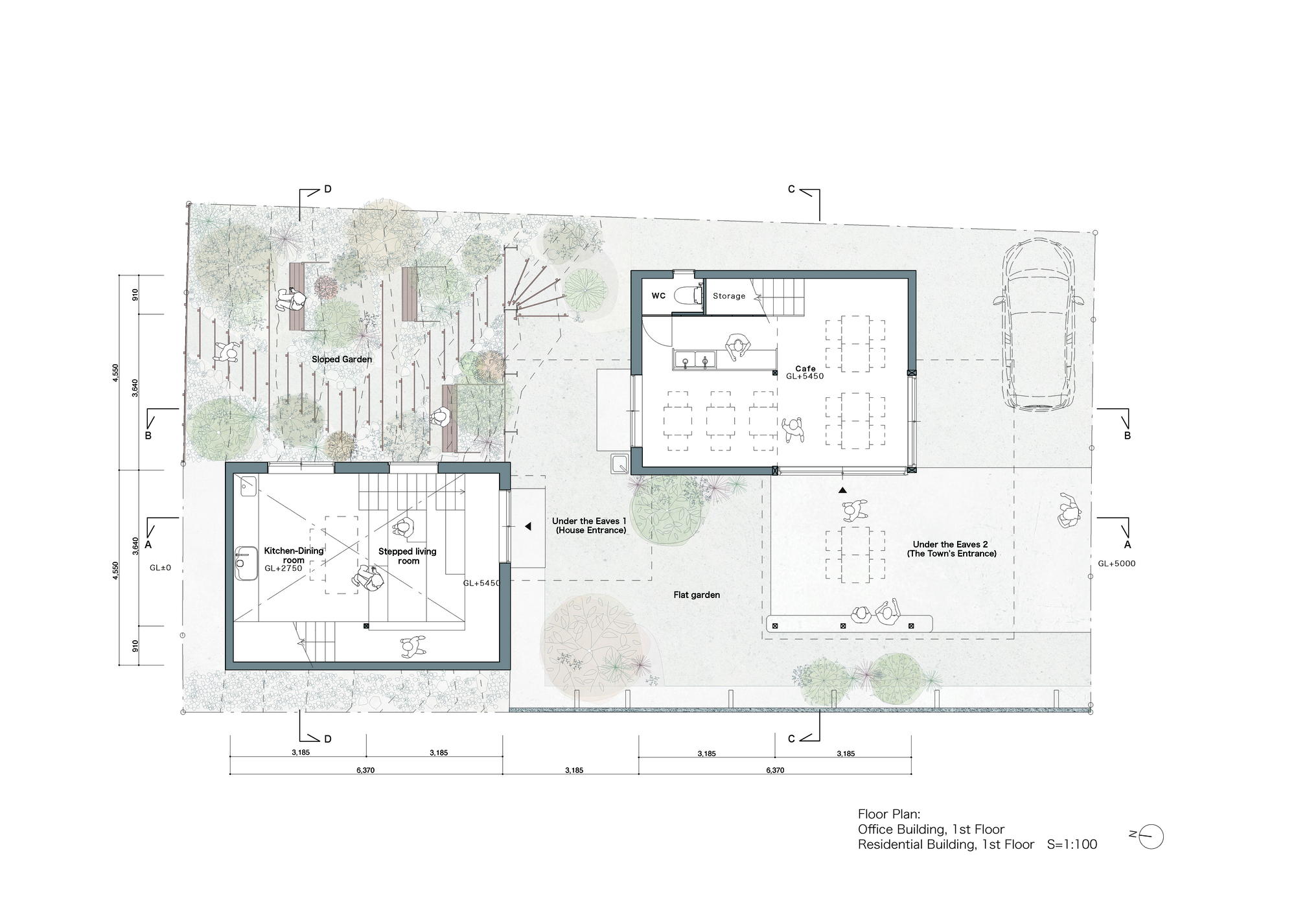 Floor plan drawing showing two volumes with workspaces and a central flat garden with trees