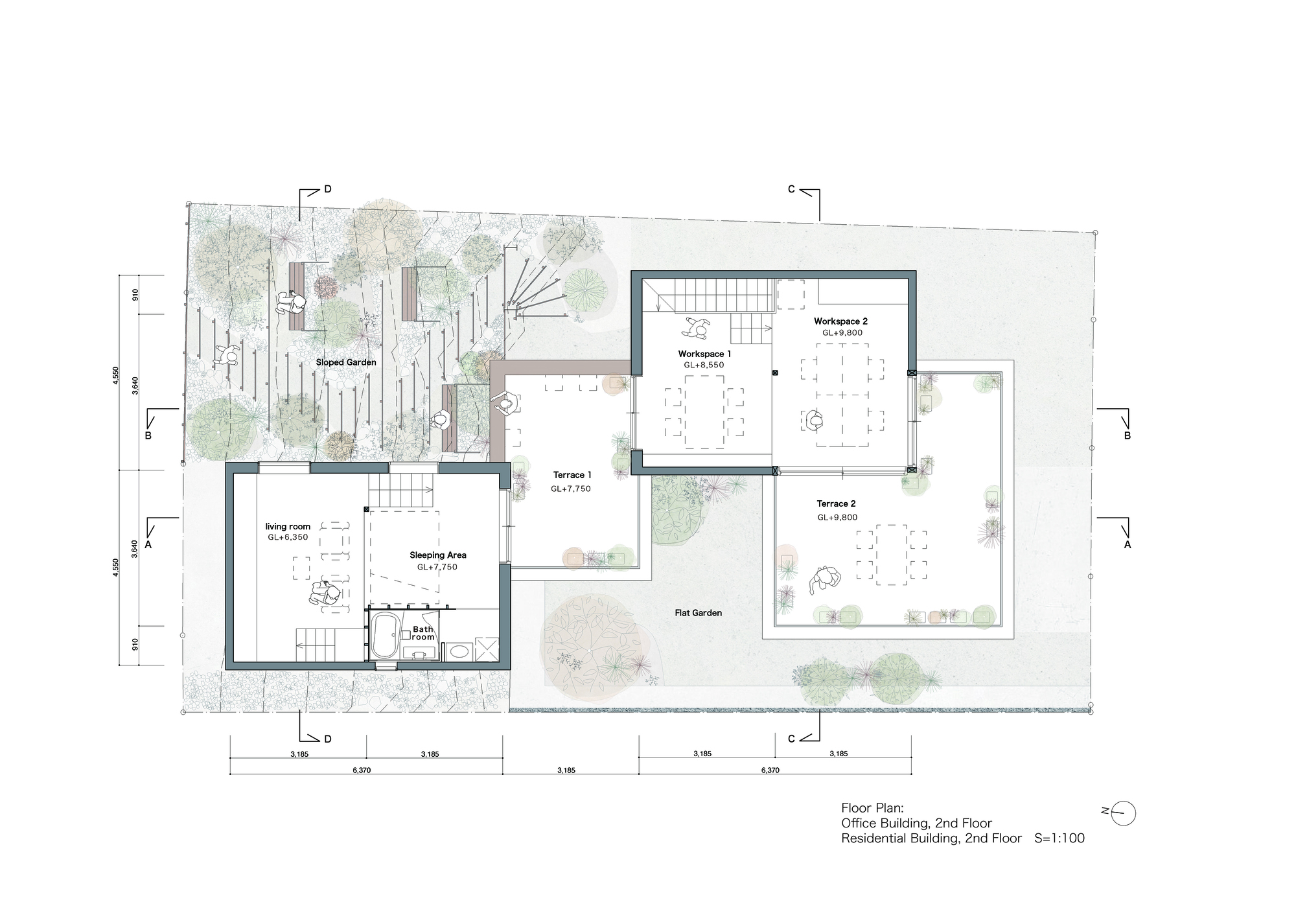 Second floor plan drawing showing workspace volumes and terraces surrounding a central flat garden