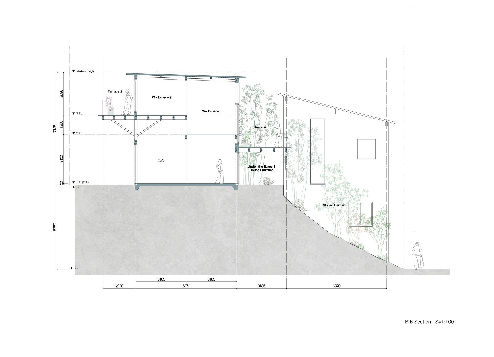 Section drawing showing workspace volumes on a sloping site with terraces and planted gardens
