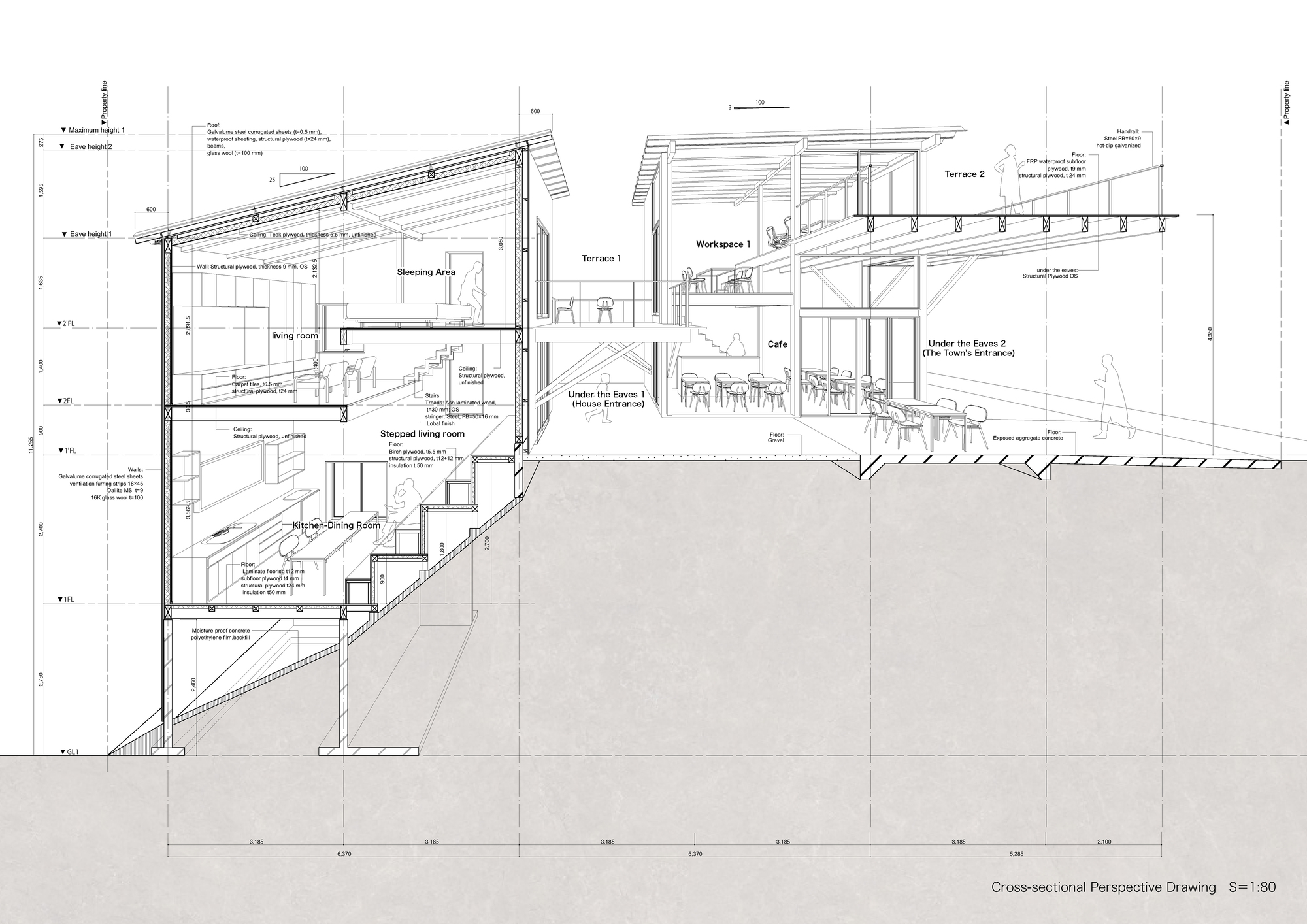 Cross-sectional perspective drawing showing interior workspaces with exposed structure and sloped roofs on grade