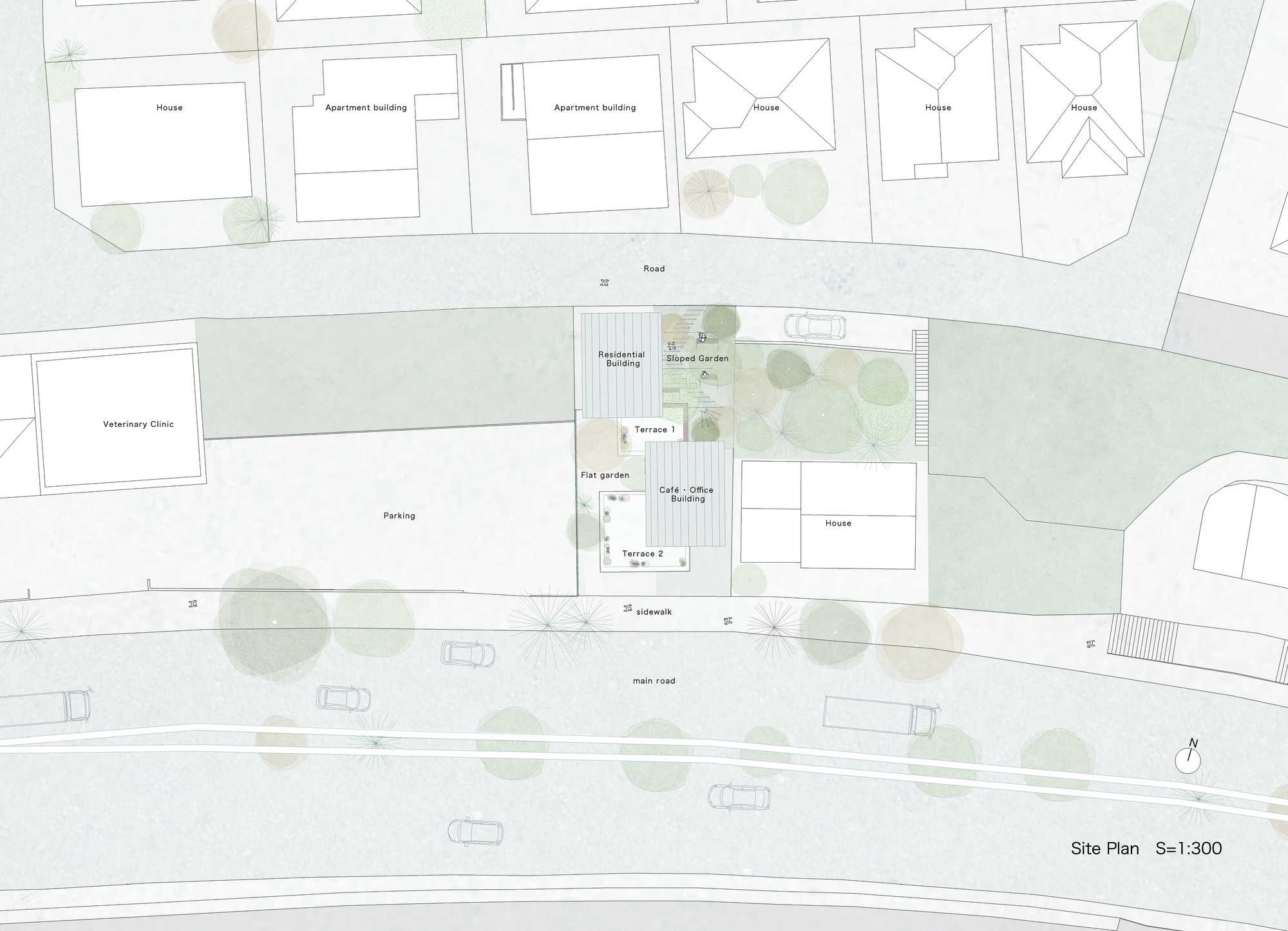 Site plan drawing showing apartment buildings, houses, terraces, shared garden, and parking along a curving main road