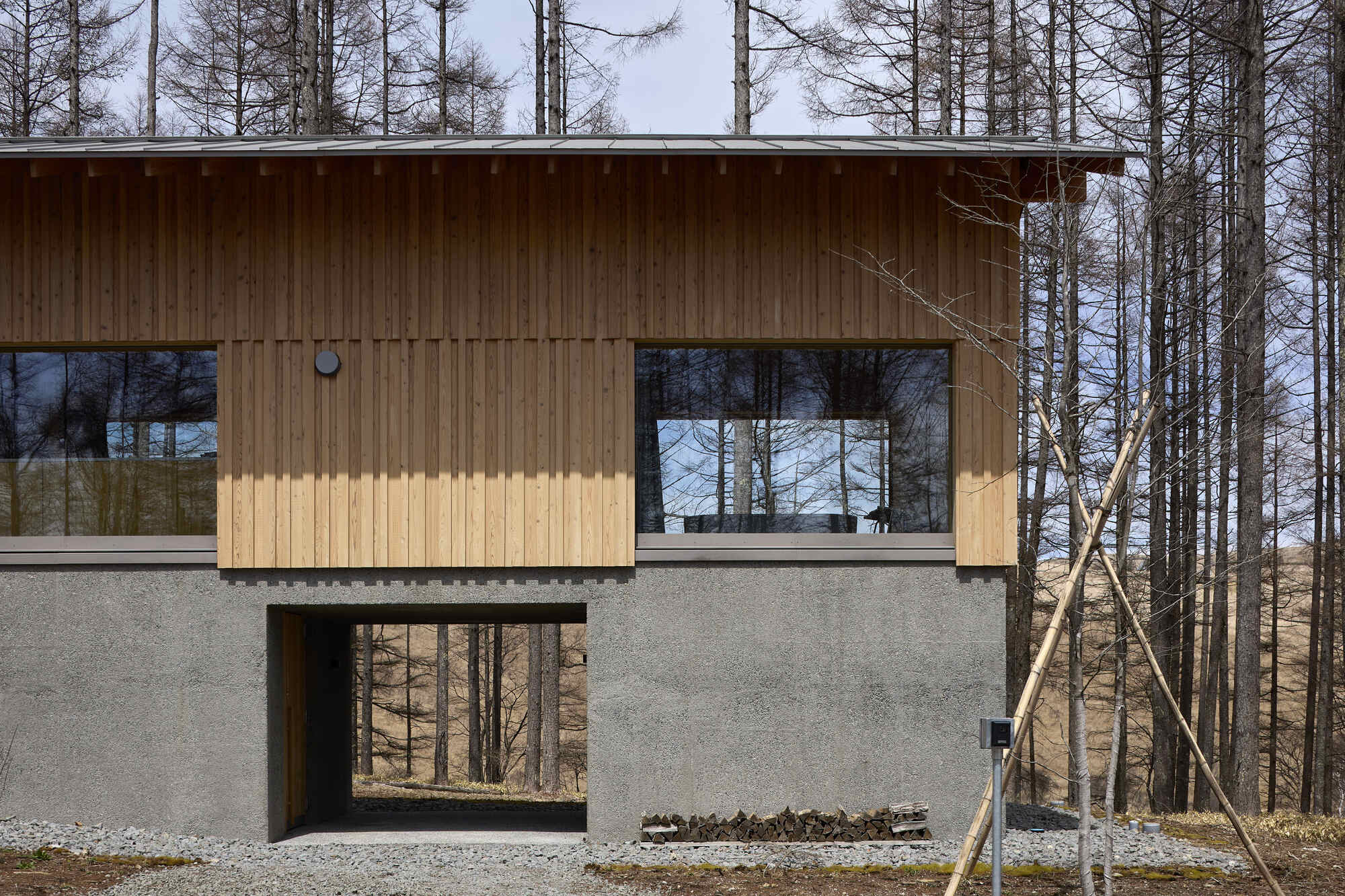 Front facade with vertical timber cladding above concrete base and young saplings staked for support
