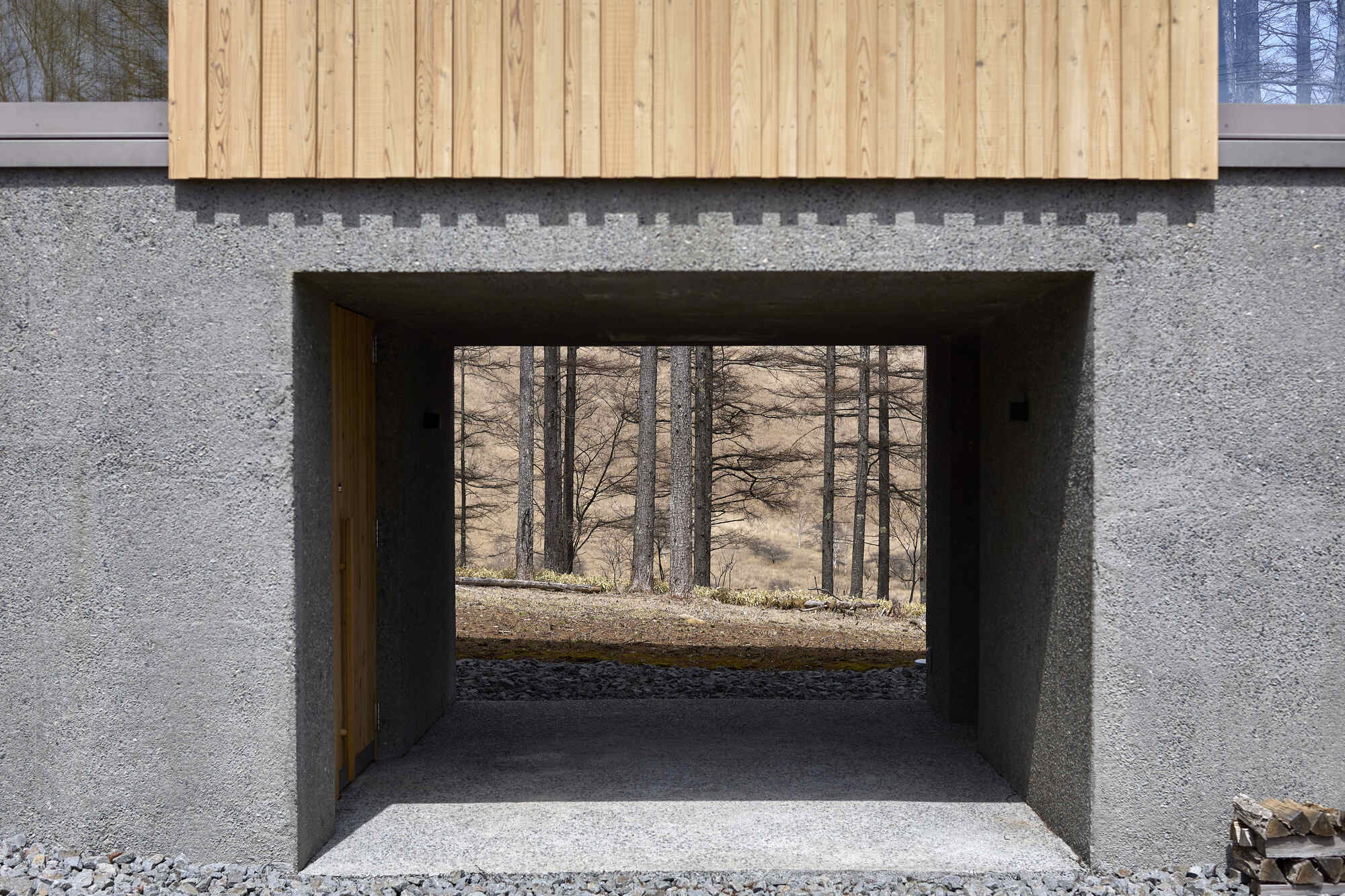 Deep window recess framing view of the forest floor through concrete walls