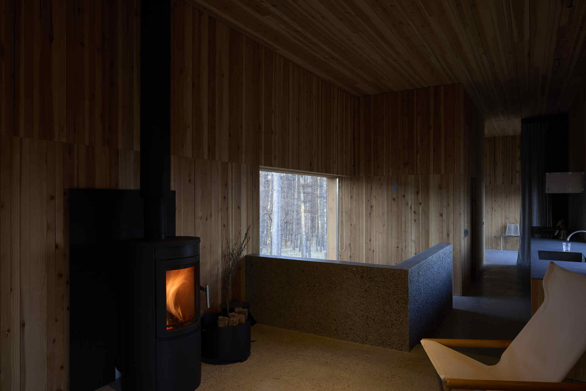 Vertical timber-clad room with black wood stove and window framing birch trees outside