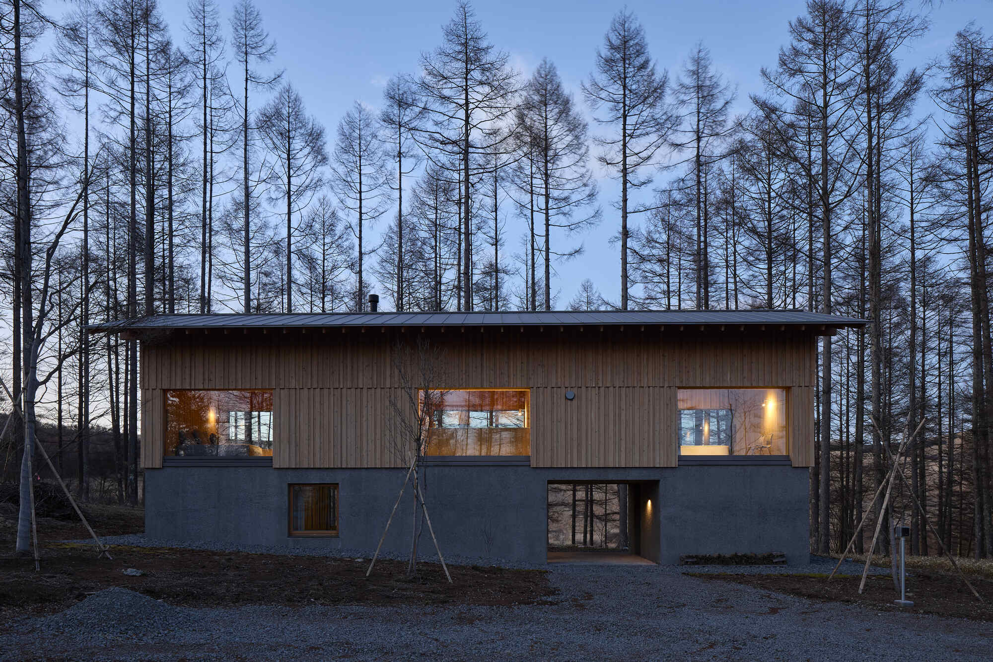 Front elevation showing timber and plaster volumes with illuminated windows among sparse winter trees