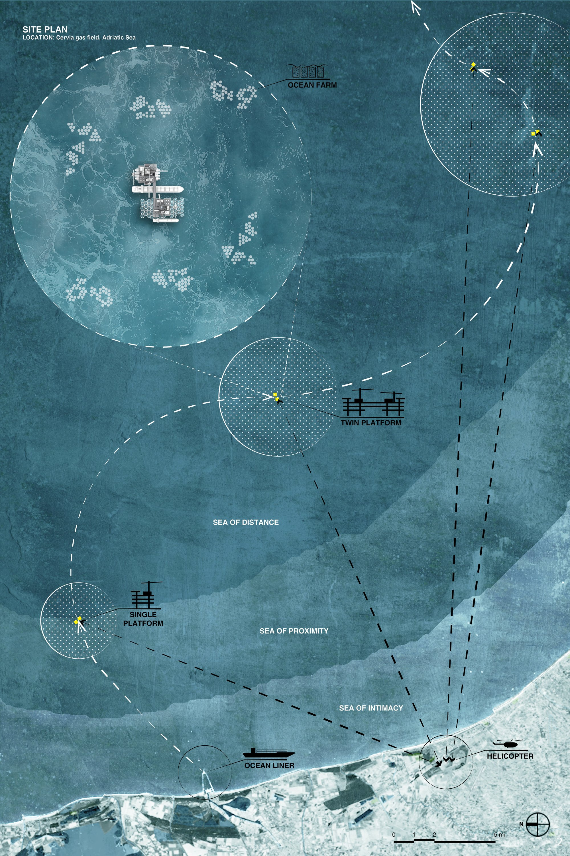 Floating masterplan mapping a decentralized ocean habitat network across the Adriatic Sea through adaptive marine infrastructure.