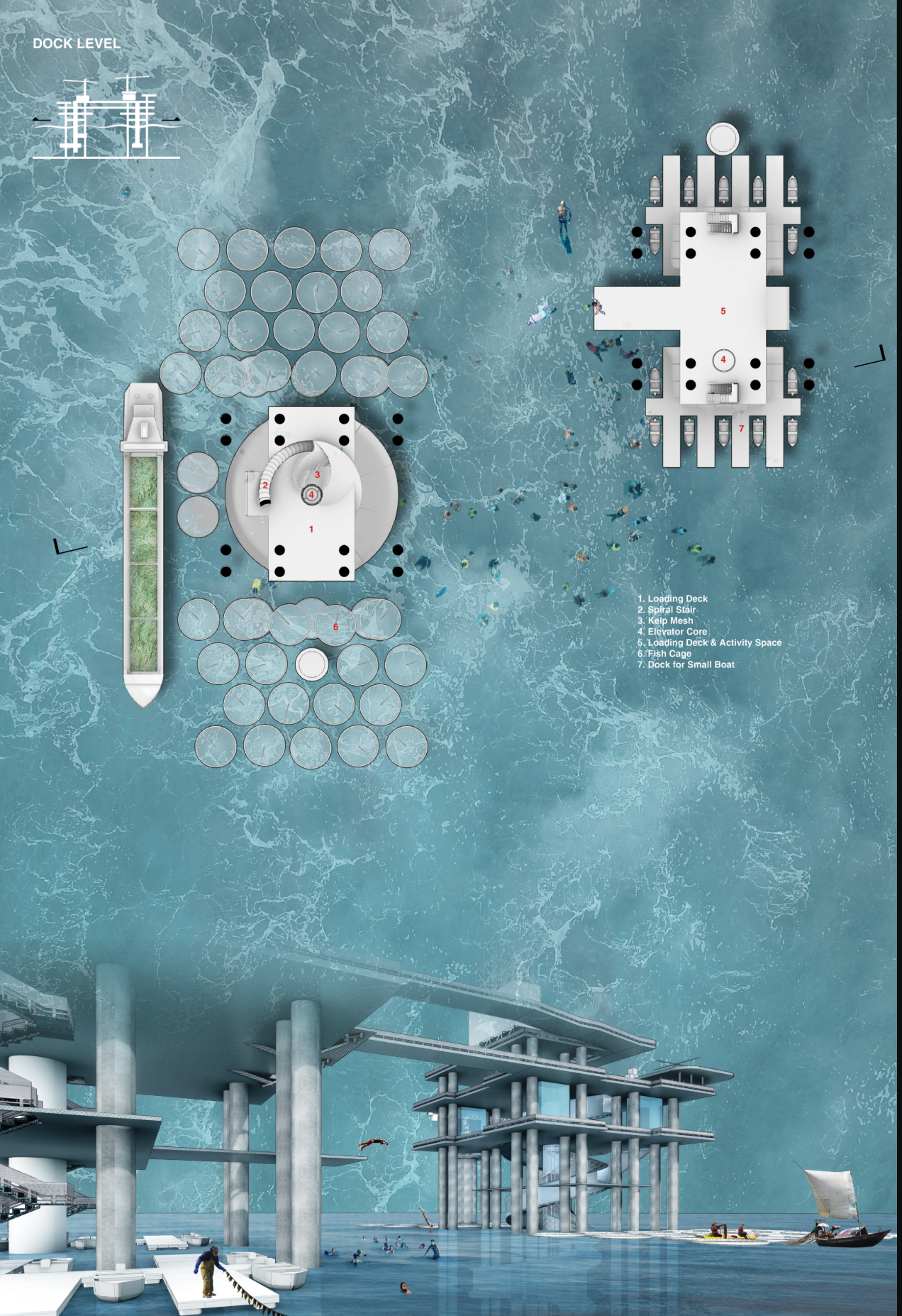 Dock-level platforms combine aquaculture, public interaction, and floating infrastructure within a sustainable ocean urbanism system.