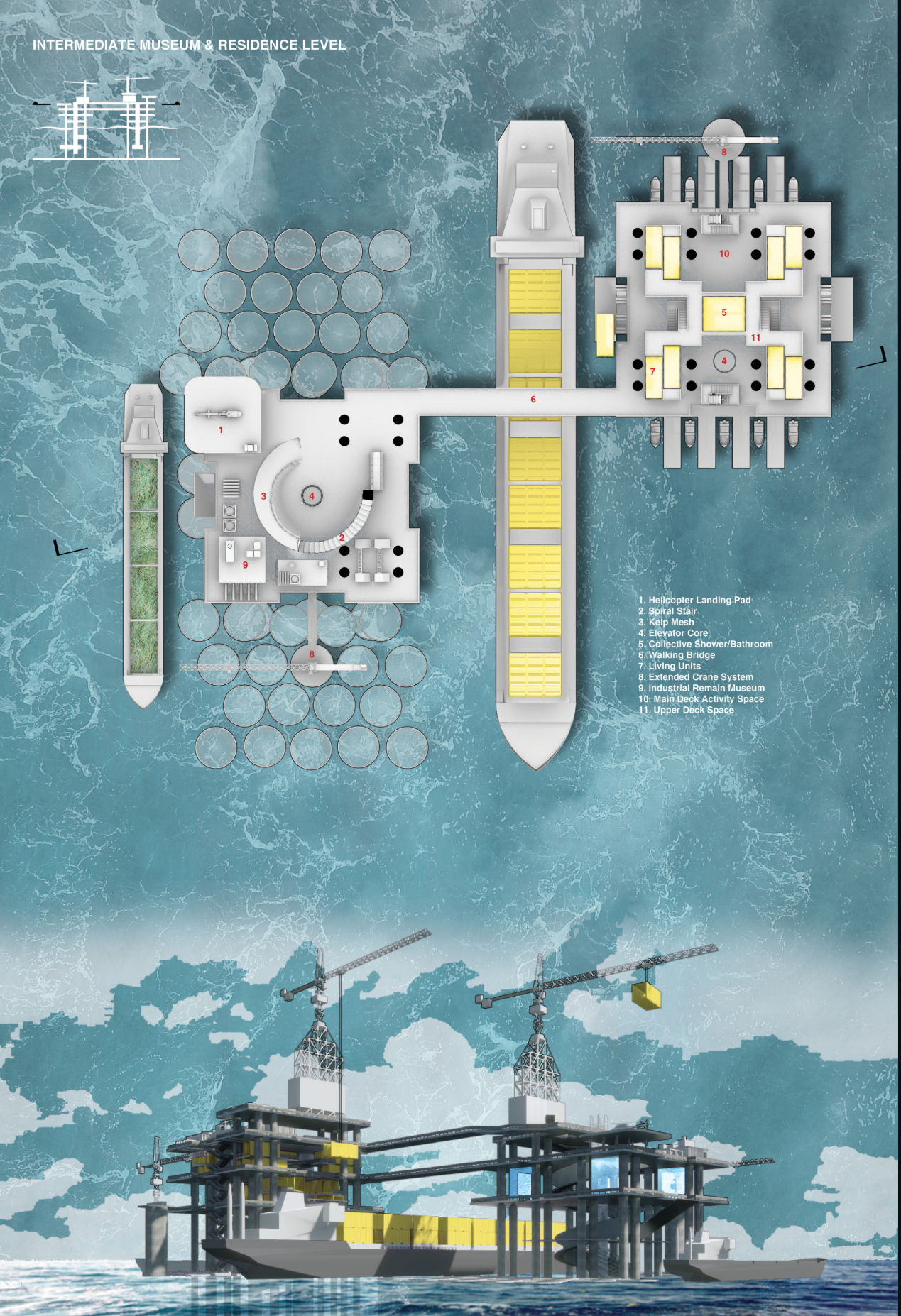 Hybrid museum and residential platforms connect modular housing, industrial heritage, and marine production into one floating community.