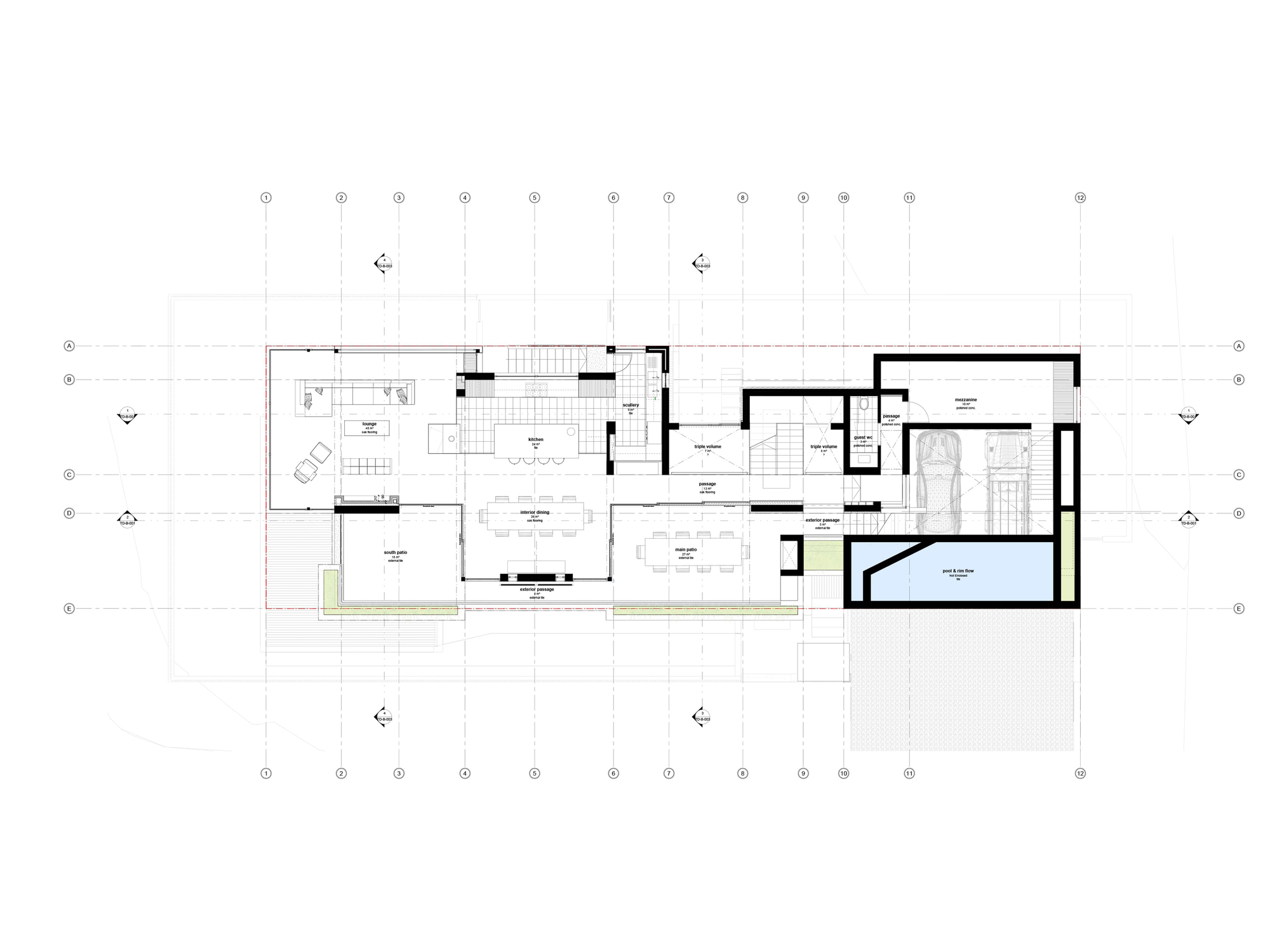 First floor plan showing bedrooms, terraces, and pool indicated by blue shading