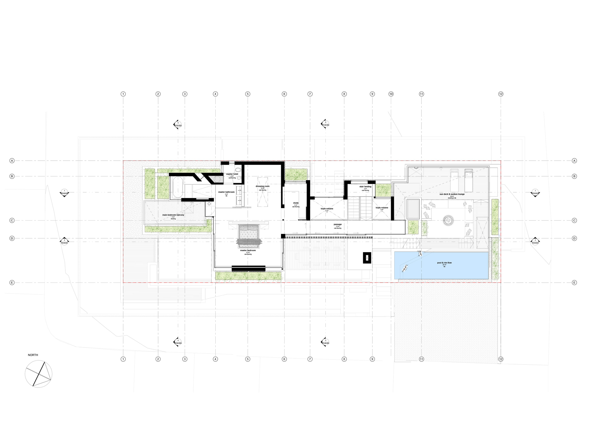 Second floor plan showing split-level layout with planted terraces and blue pool at right