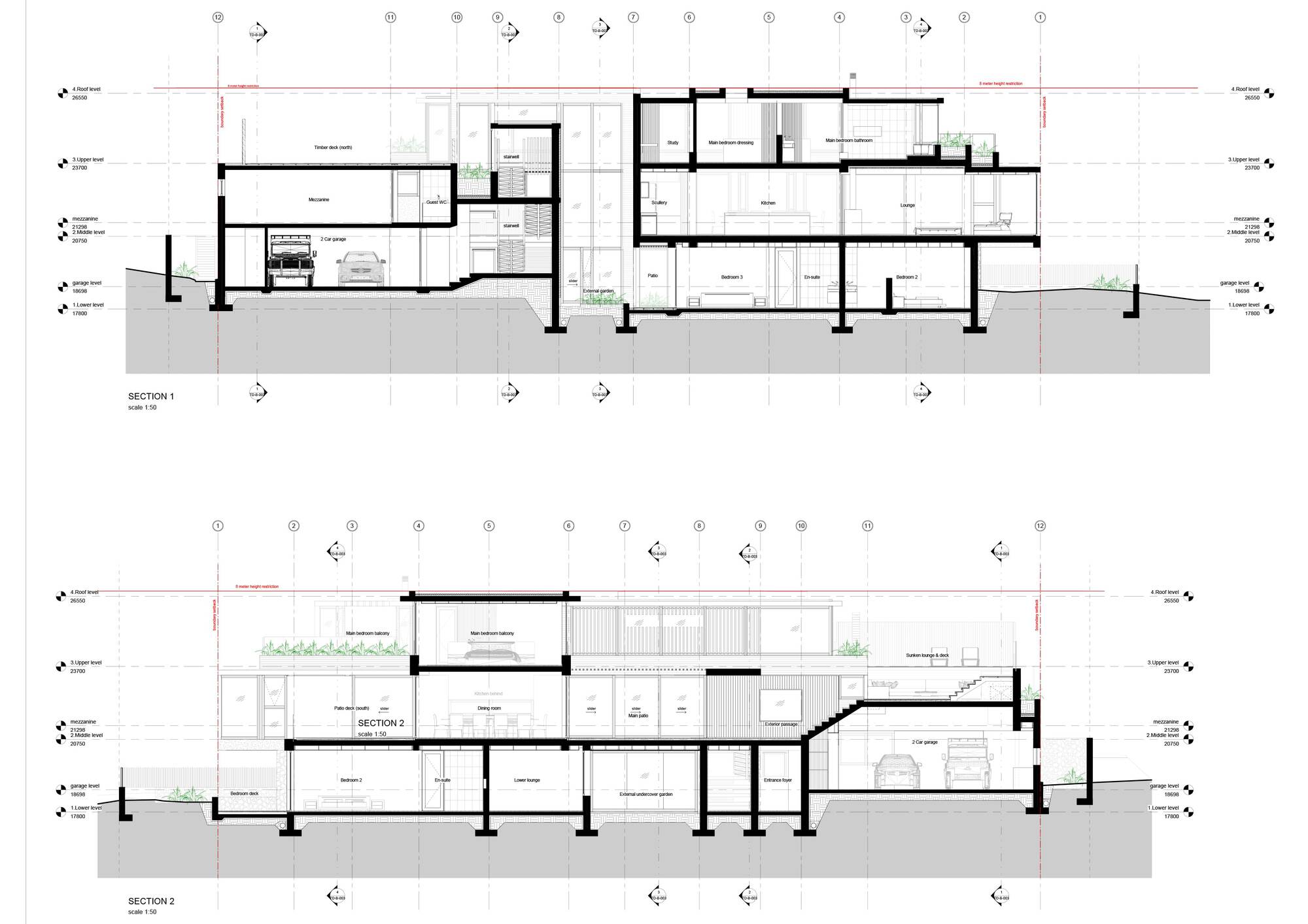 Building sections showing multi-level interior spaces, staircases, and sloped topography beneath