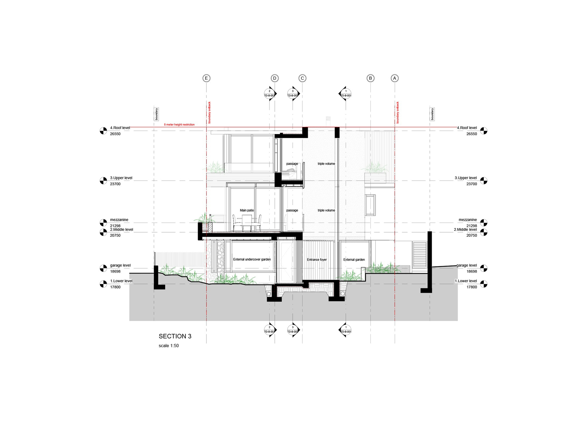 Section drawing showing split-level interior spaces with planted courtyards and stepped floor plates