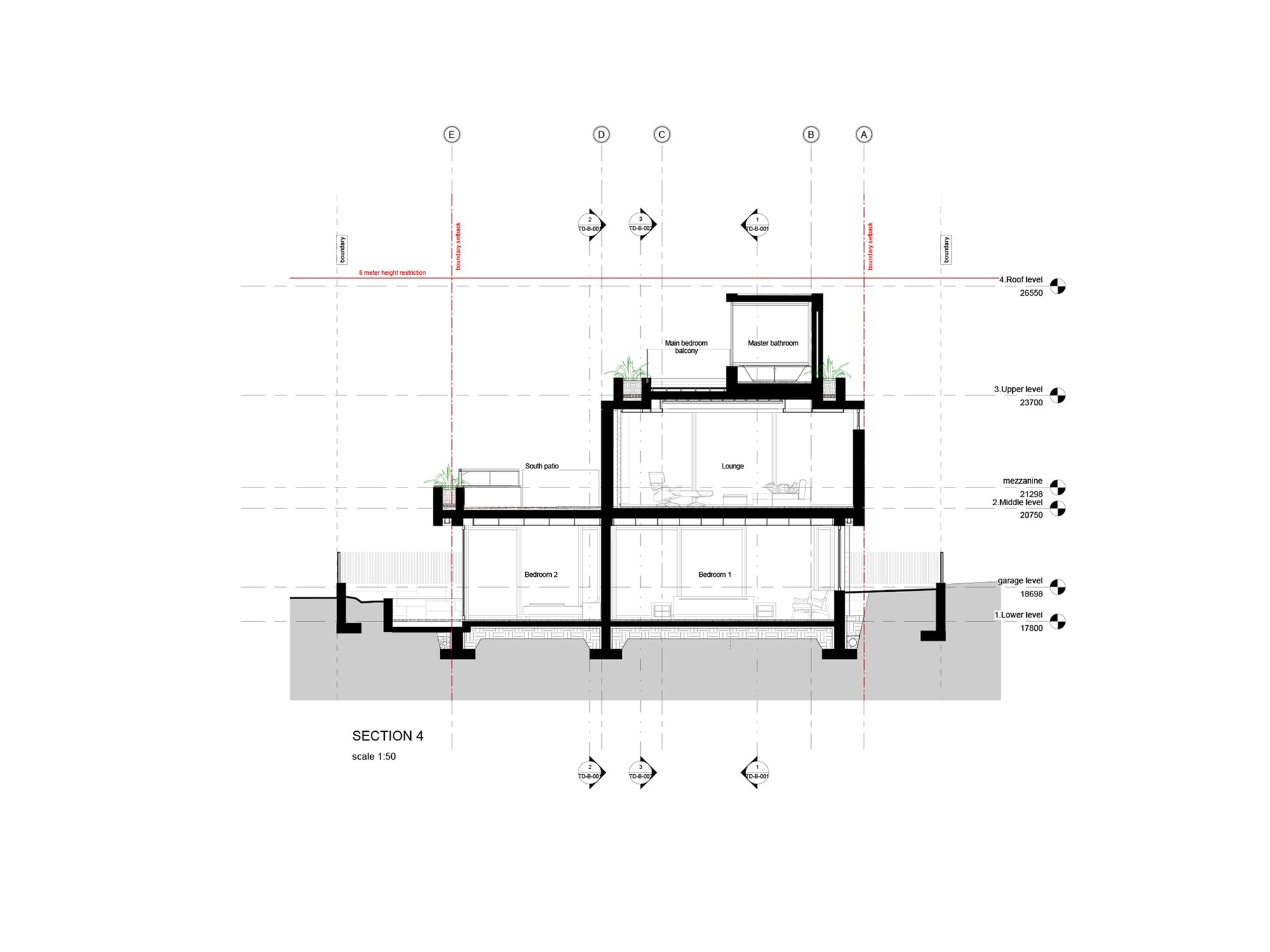 Section drawing revealing bedroom layout across two levels with double-height lounge space