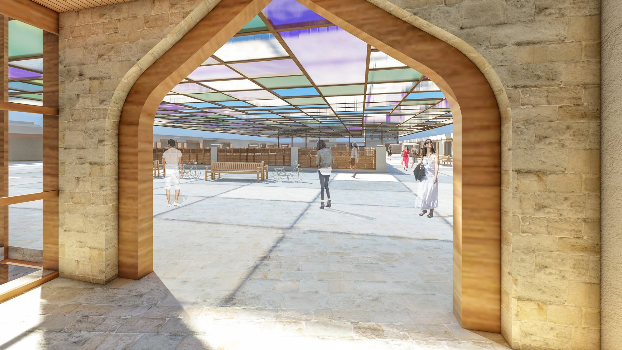 Traditional archways reinterpret local architectural heritage through contemporary commercial design.