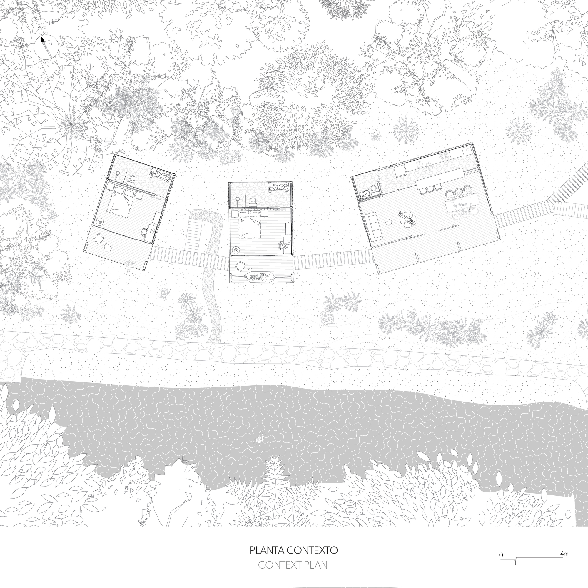 Site plan drawing showing three pavilions linked by a walkway along a waterfront with vegetation