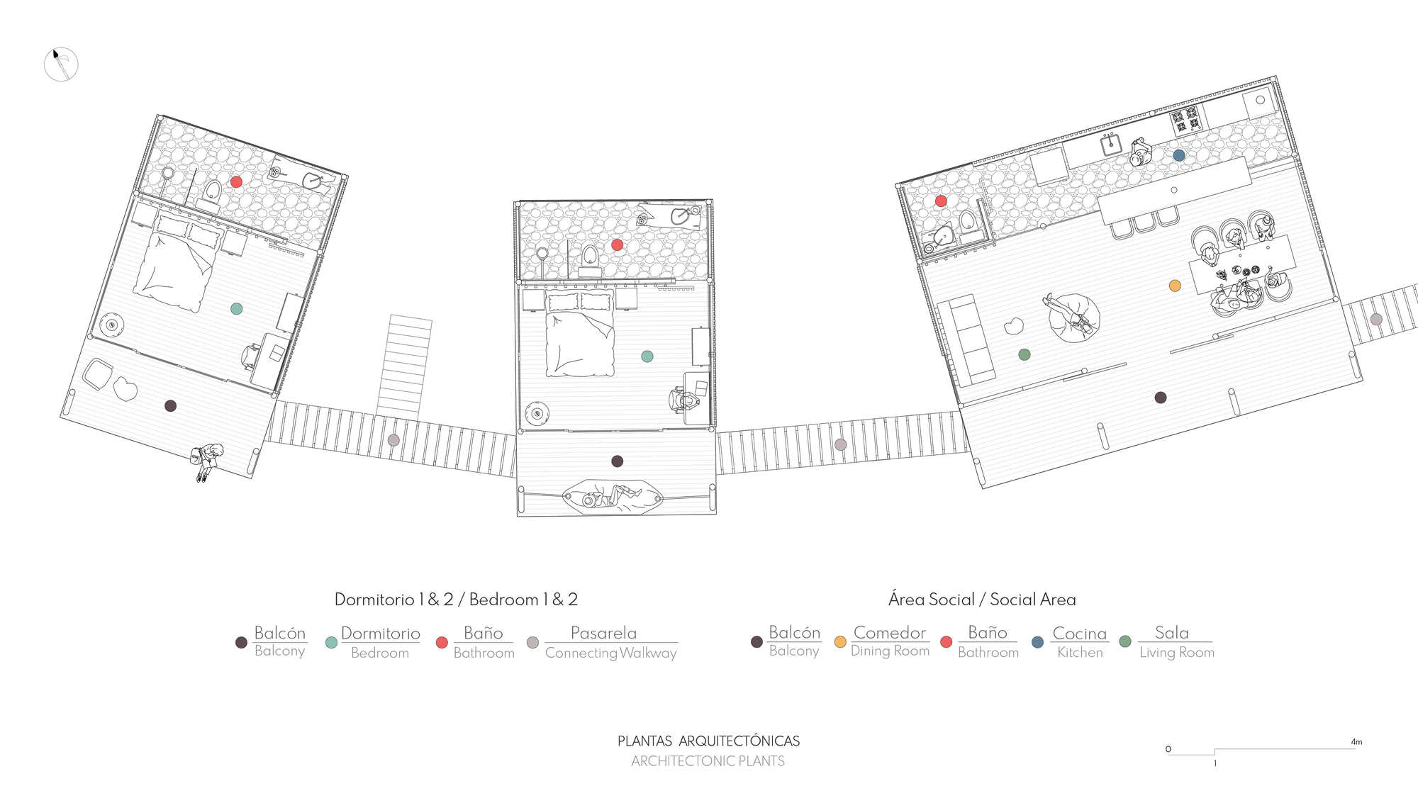 Floor plan drawing showing three linked pavilions with bedrooms, bathrooms, and social areas