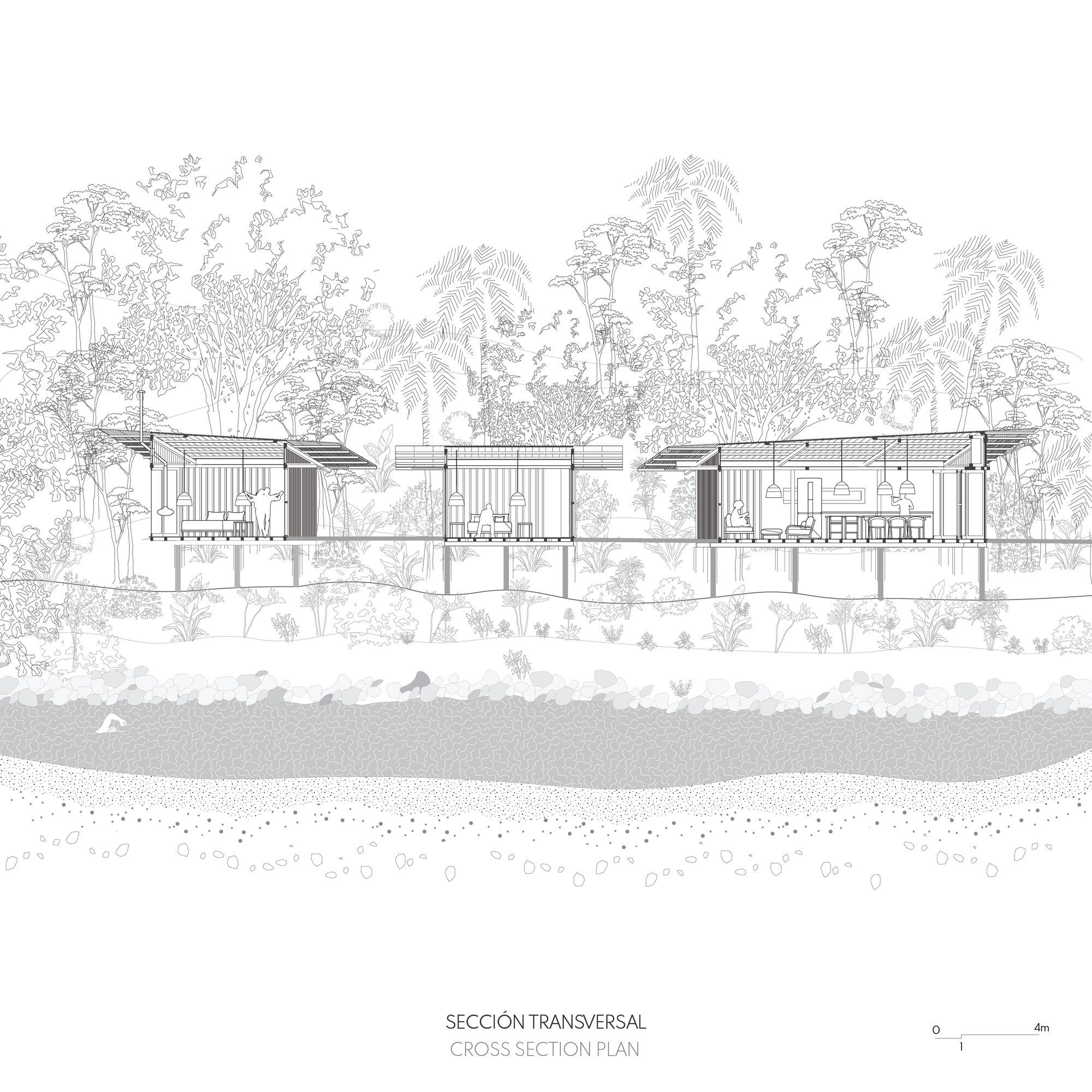 Cross section drawing showing three elevated pavilions on stilts surrounded by tropical forest vegetation
