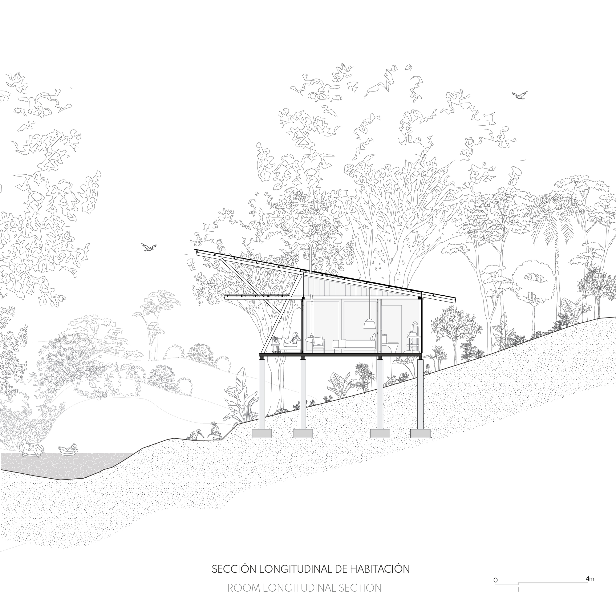 Longitudinal section drawing showing a two-story structure on sloping terrain with palm trees and tropical vegetation