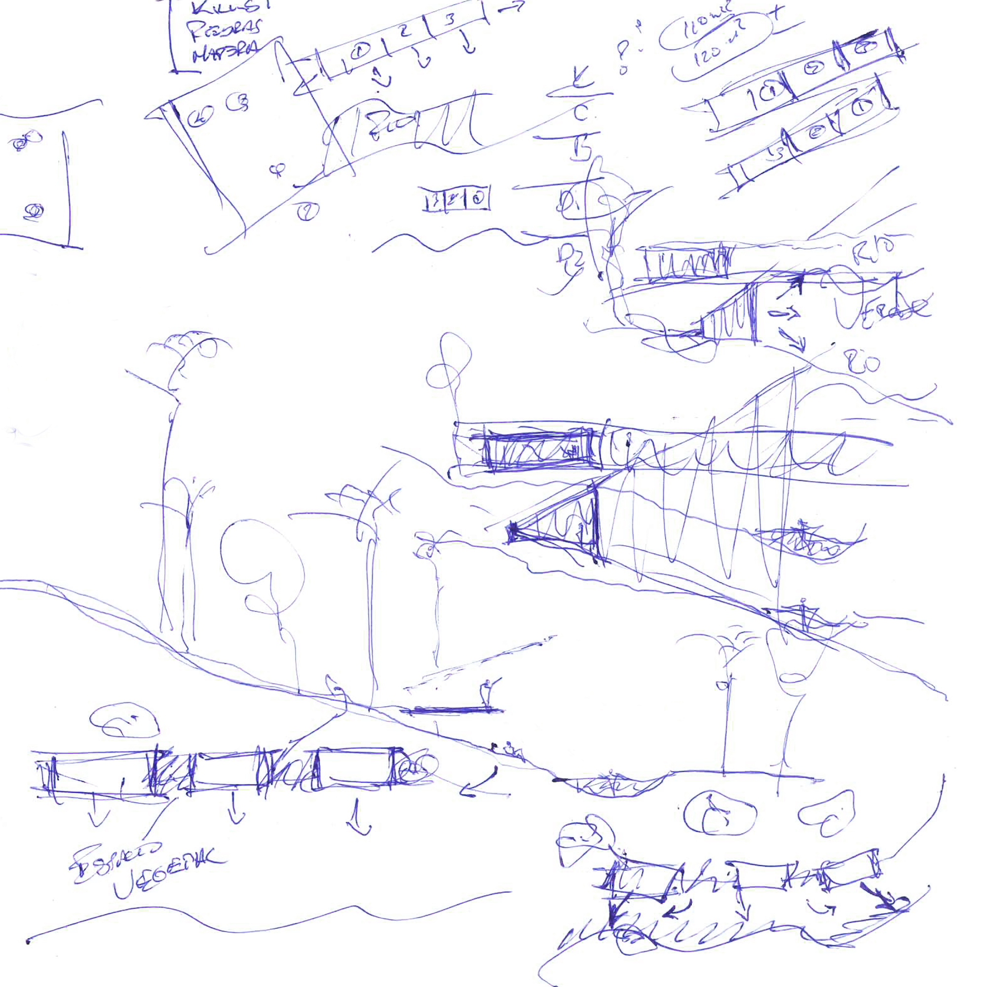 Pen sketch exploring spatial relationships between platforms, slopes, and terraced volumes with handwritten notes
