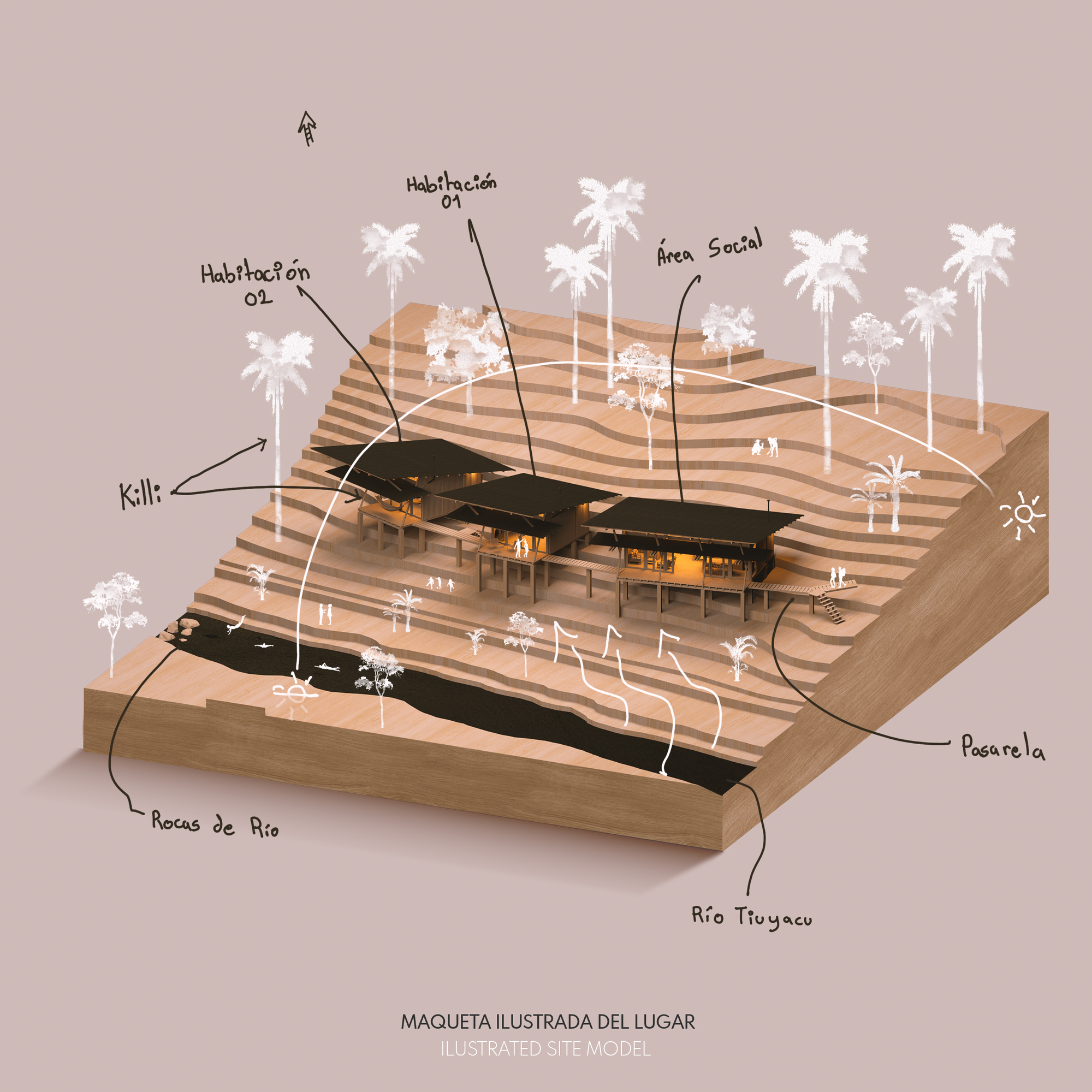 Illustrated physical site model showing layered timber platforms with palm trees and a river below