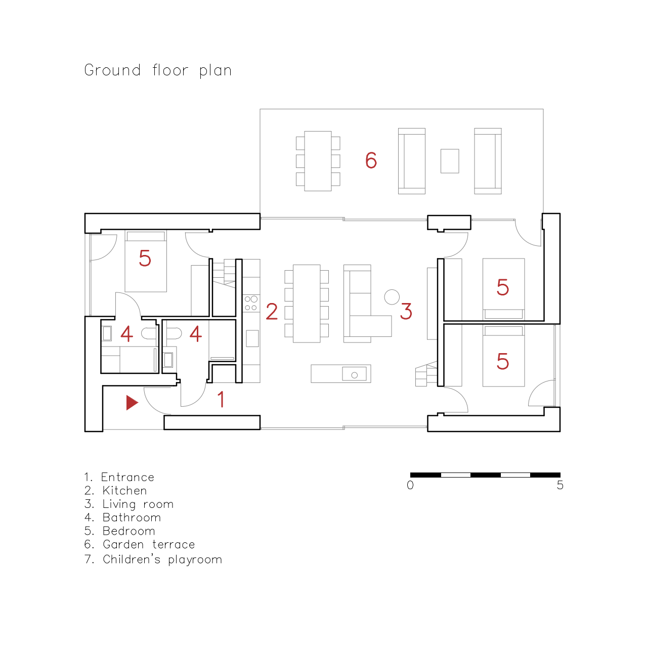 Ground floor plan drawing showing entrance, kitchen, living spaces and three bedrooms around central core