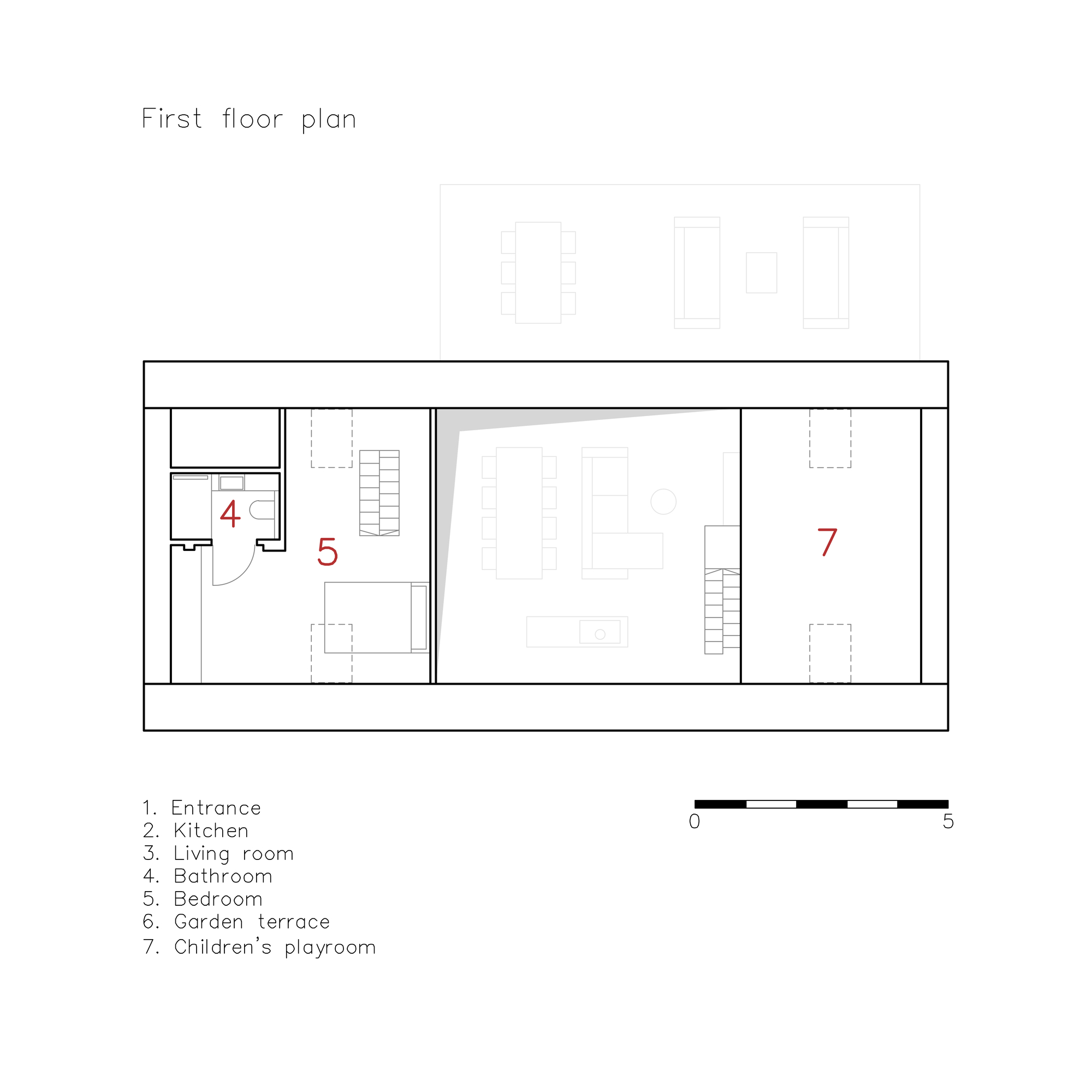First floor plan drawing showing bathroom, bedroom, and children's playroom with two staircases